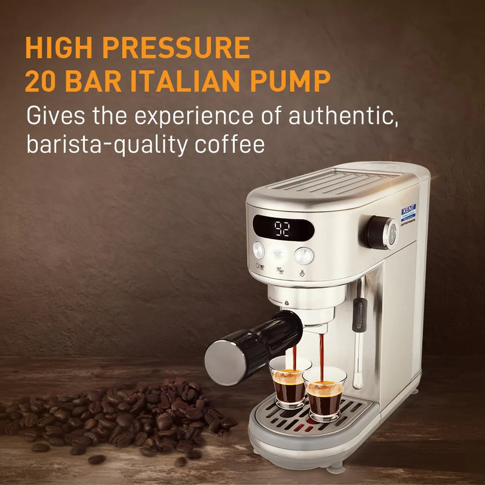 KENT Coffee Maker 1400 W | Makes Two Cups of Coffee at a Time | High Pressure 20 Bar Italian Pump for making Cappuccinos &amp; Lattes | In-Built Steamer for Frothing | SS Body | Suitable for Ground Coffee - Image 3