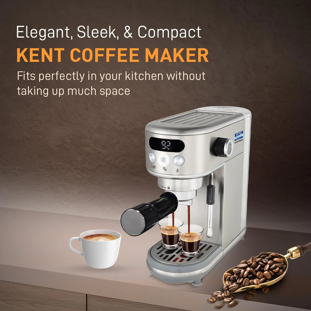 KENT Coffee Maker 1400 W | Makes Two Cups of Coffee at a Time | High Pressure 20 Bar Italian Pump for making Cappuccinos &amp; Lattes | In-Built Steamer for Frothing | SS Body | Suitable for Ground Coffee - Image 4