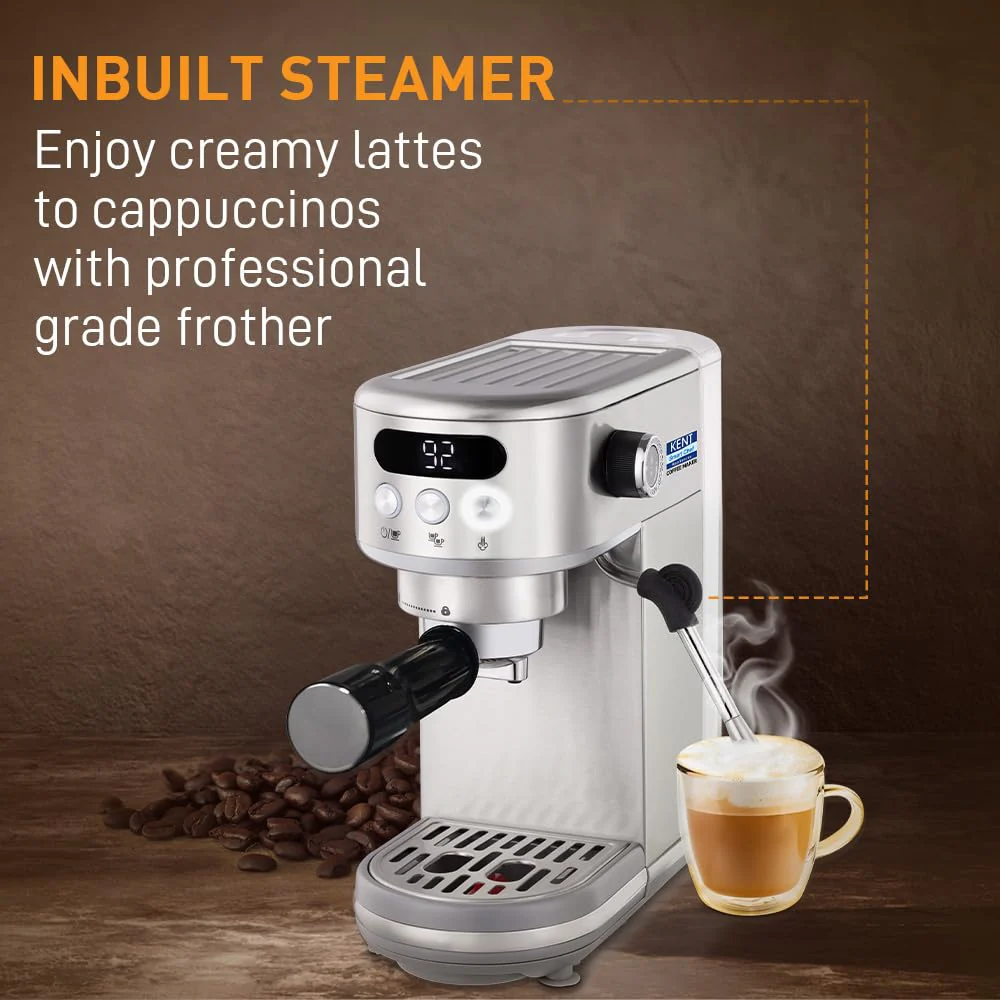 KENT Coffee Maker 1400 W | Makes Two Cups of Coffee at a Time | High Pressure 20 Bar Italian Pump for making Cappuccinos &amp; Lattes | In-Built Steamer for Frothing | SS Body | Suitable for Ground Coffee - Image 5