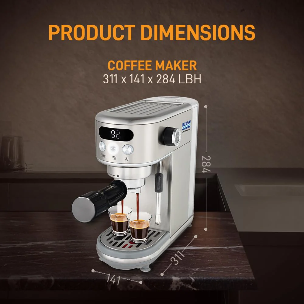 KENT Coffee Maker 1400 W | Makes Two Cups of Coffee at a Time | High Pressure 20 Bar Italian Pump for making Cappuccinos &amp; Lattes | In-Built Steamer for Frothing | SS Body | Suitable for Ground Coffee - Image 6