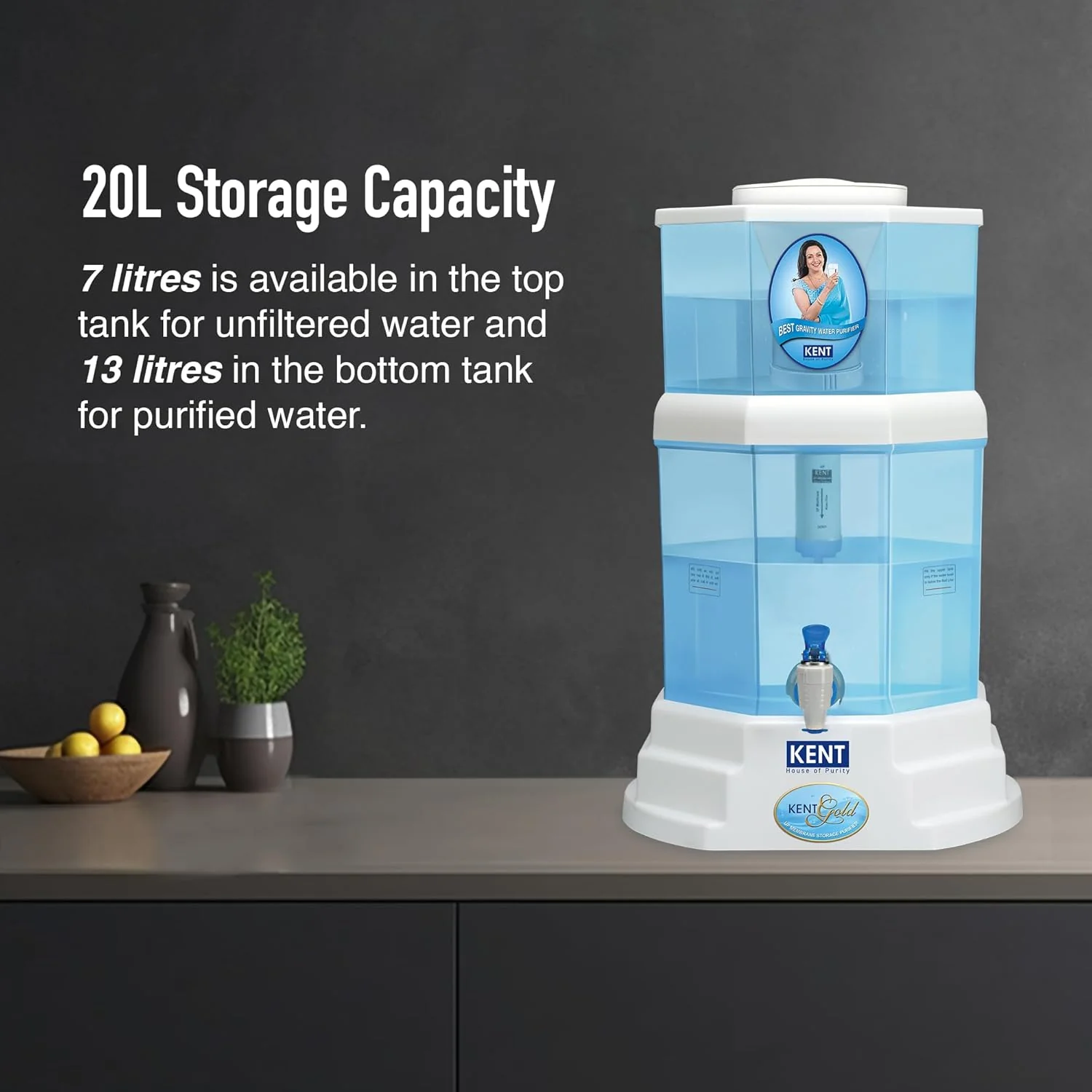 KENT Gold Gravity Water Purifier | UF Technology Based | Non-Electric & Chemical Free | Counter Top | 20L Storage | White - Image 5