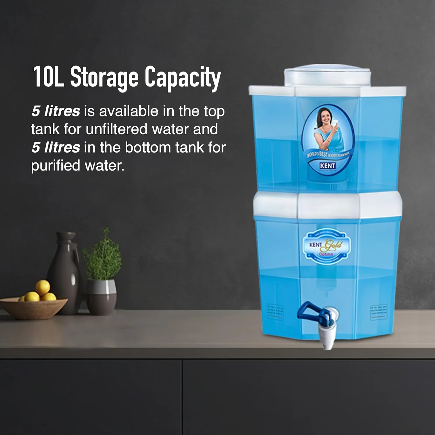 KENT Gold Optima Gravity Water Purifier | UF Technology Based | Non-Electric & Chemical Free | Counter Top | 5L Top + 5L Bottom Storage | White - Image 6