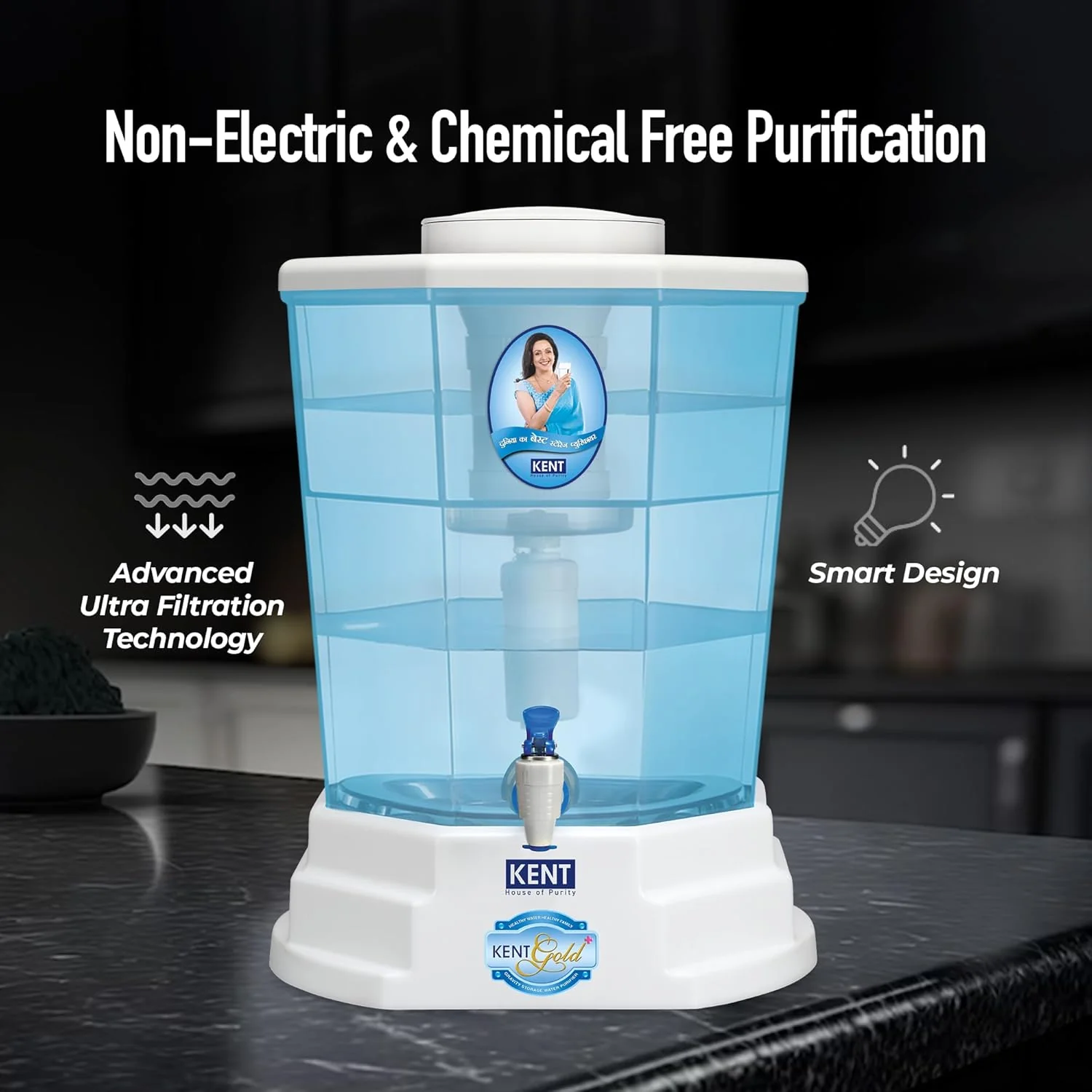 KENT Gold Plus Gravity Water Purifier | UF Technology Based | Non-Electric & Chemical Free | Counter Top | 20L Storage | White - Image 2