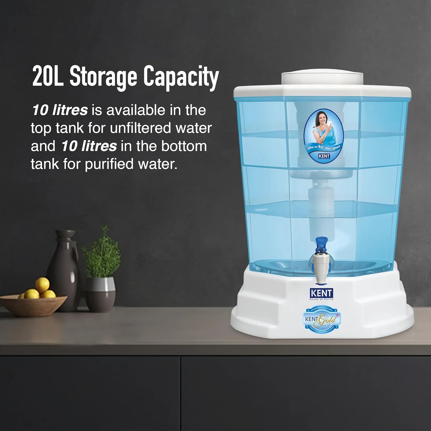 KENT Gold Plus Gravity Water Purifier | UF Technology Based | Non-Electric & Chemical Free | Counter Top | 20L Storage | White - Image 4