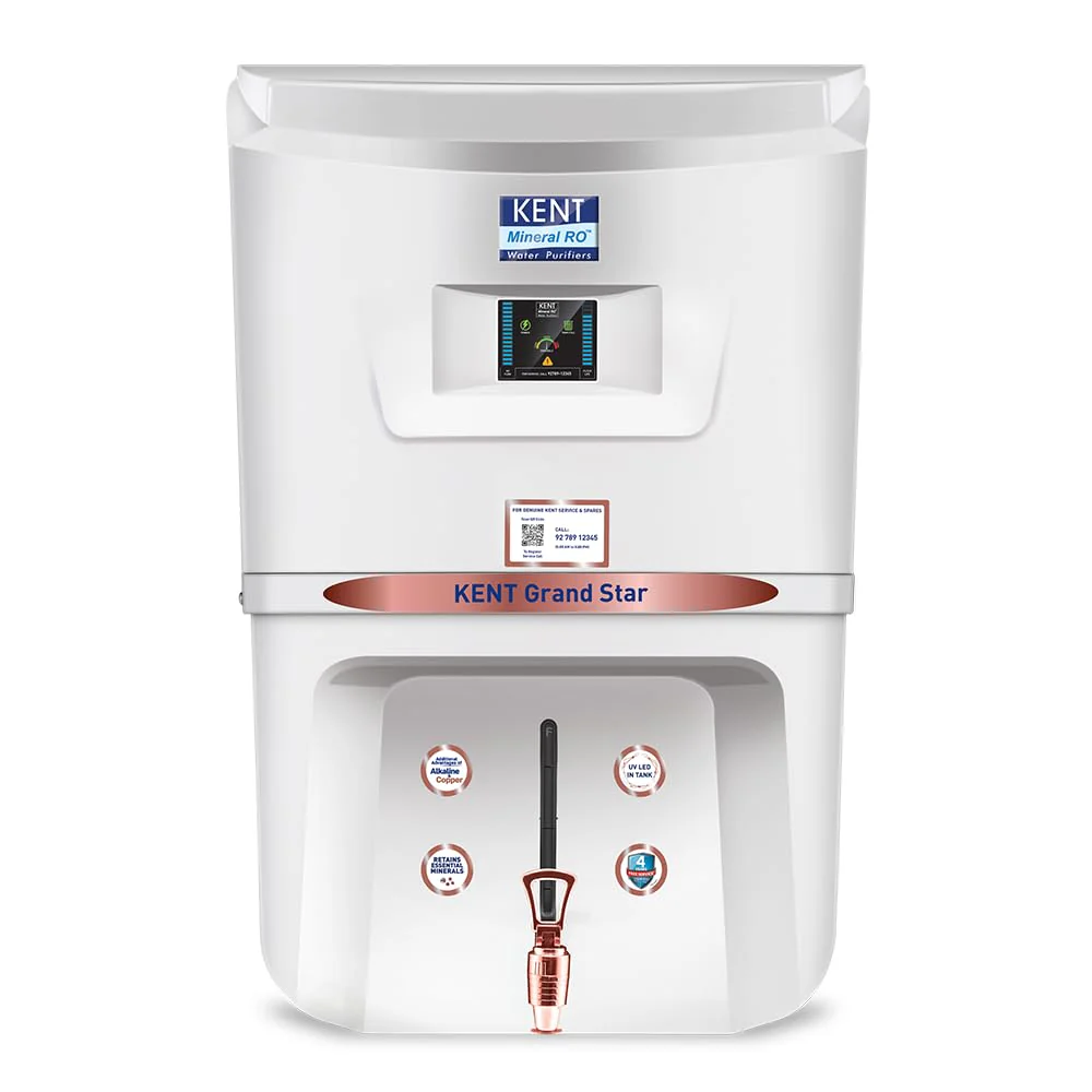KENT Grand Star RO Water Purifier | RO+UV+UF+Alkaline+Copper+TDS Control+UV LED Tank | .0001 Micron RO Membrane | Auto Flush Feature | 9L Tank | 20 LPH | Ideal for Borewell/Tanker/Municipal Water