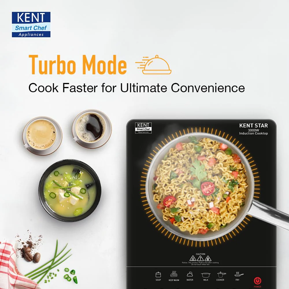 KENT Star Induction Cooktop 3000W | 6 Preset Menu | Full Microcrystalline Glass |Feather Touch Buttons &amp; LED Display |Milk Boiling &amp; Turbo Cooking Function | Overheat Protection &amp; Auto Turn-Off| Black - Image 9