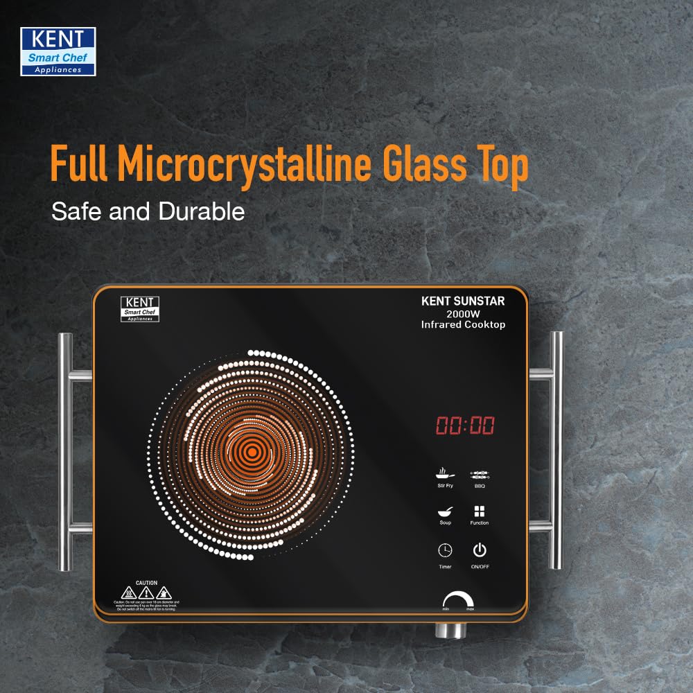 KENT Sunstar Infrared Cooktop 2000W | 3 Preset Menus | Grill Stand to BBQ & Roast | Microcrystalline Glass | Digital Functions with LED Display | Adjustable Temperature Knob | SS Handle |Auto Cut-Off Visit the KENT Store - Image 6
