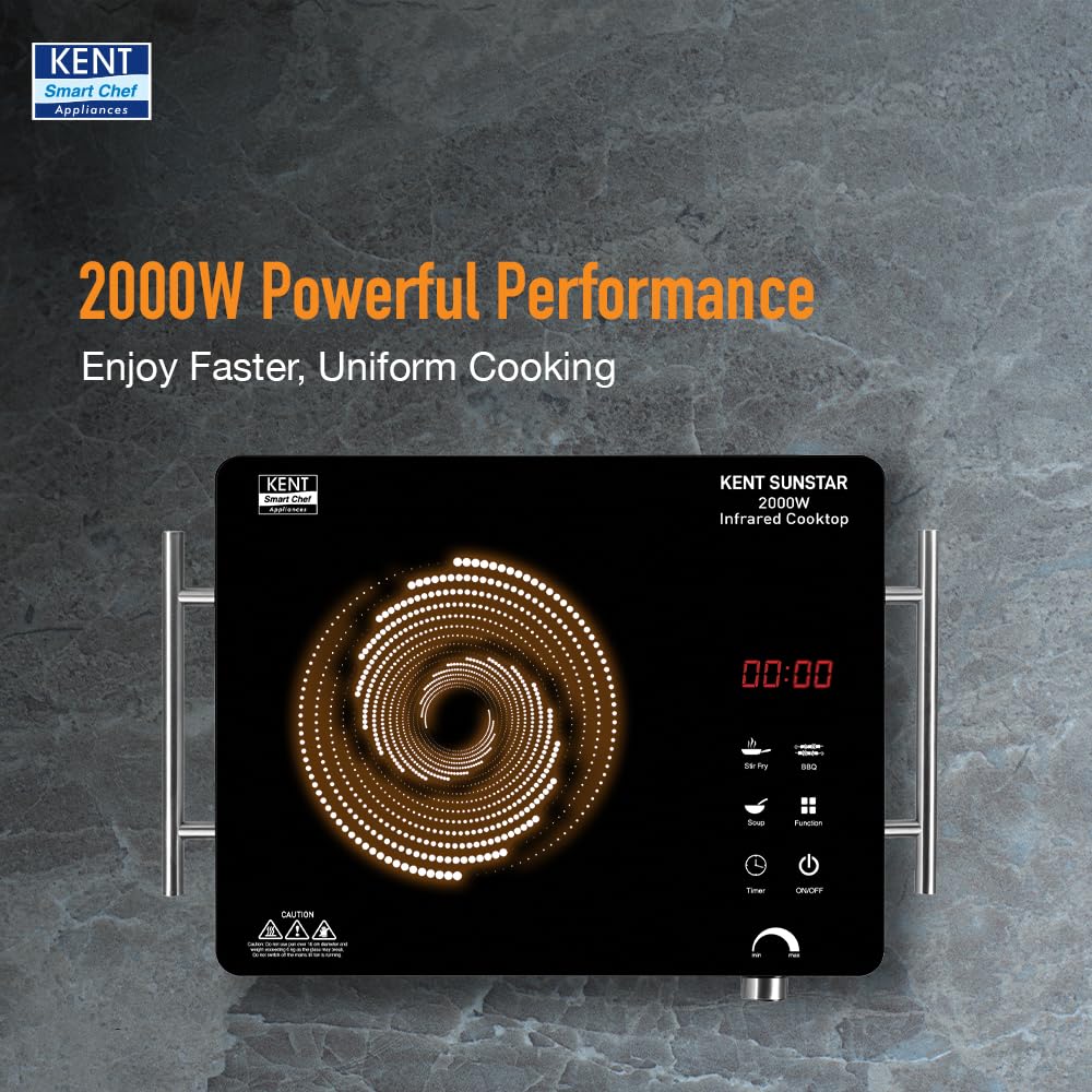 KENT Sunstar Infrared Cooktop 2000W | 3 Preset Menus | Grill Stand to BBQ & Roast | Microcrystalline Glass | Digital Functions with LED Display | Adjustable Temperature Knob | SS Handle |Auto Cut-Off Visit the KENT Store - Image 8