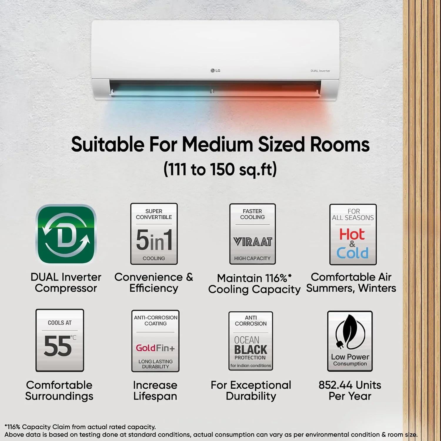 LG 1.5 Ton 3 Star Hot & Cold, DUAL Inverter Split AC (Copper, Convertible 5-in-1, VIRAAT Mode, 4 Way Swing, HD Filter with Anti-Virus Protection, US-H18VNXE, White) - Image 3