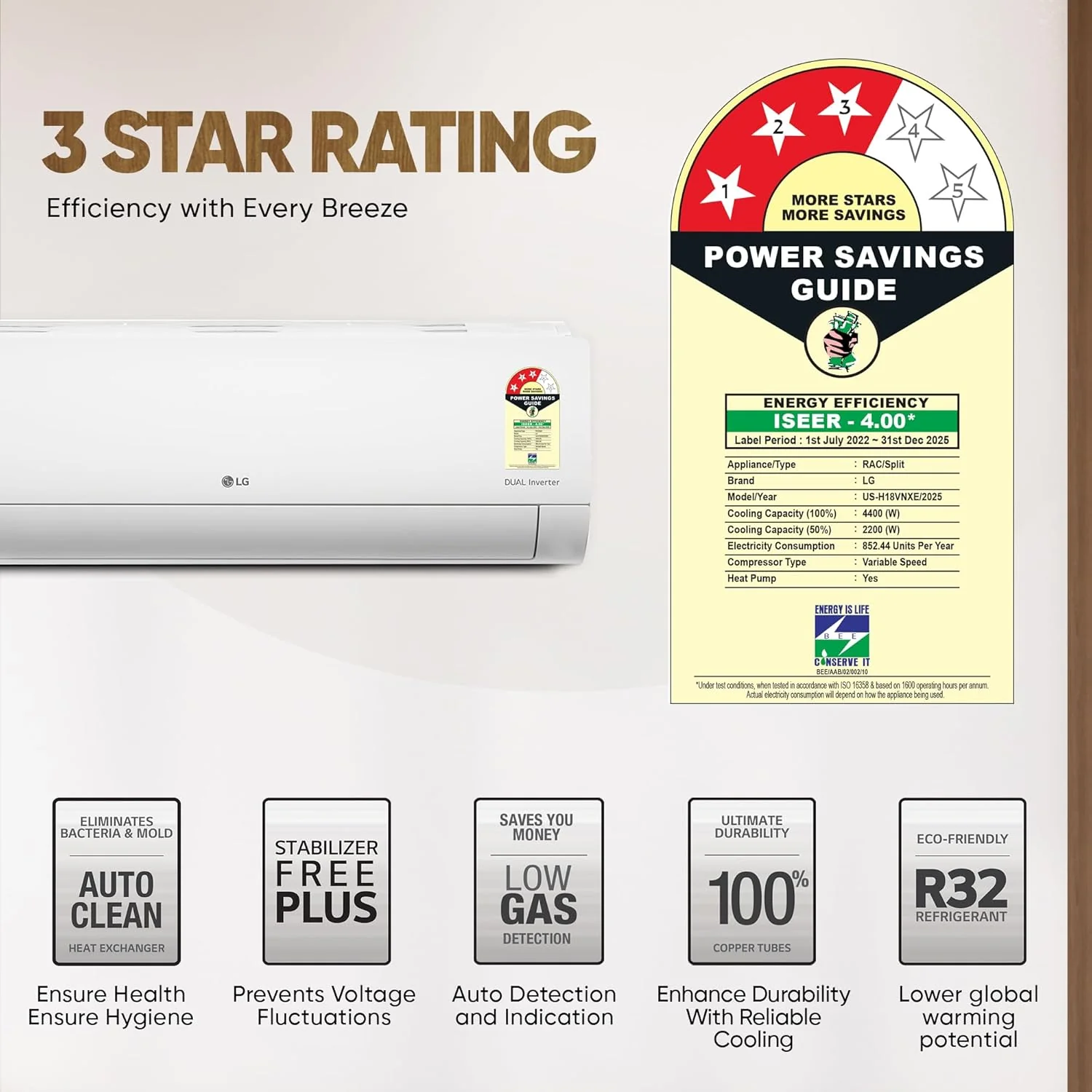 LG 1.5 Ton 3 Star Hot & Cold, DUAL Inverter Split AC (Copper, Convertible 5-in-1, VIRAAT Mode, 4 Way Swing, HD Filter with Anti-Virus Protection, US-H18VNXE, White) - Image 9