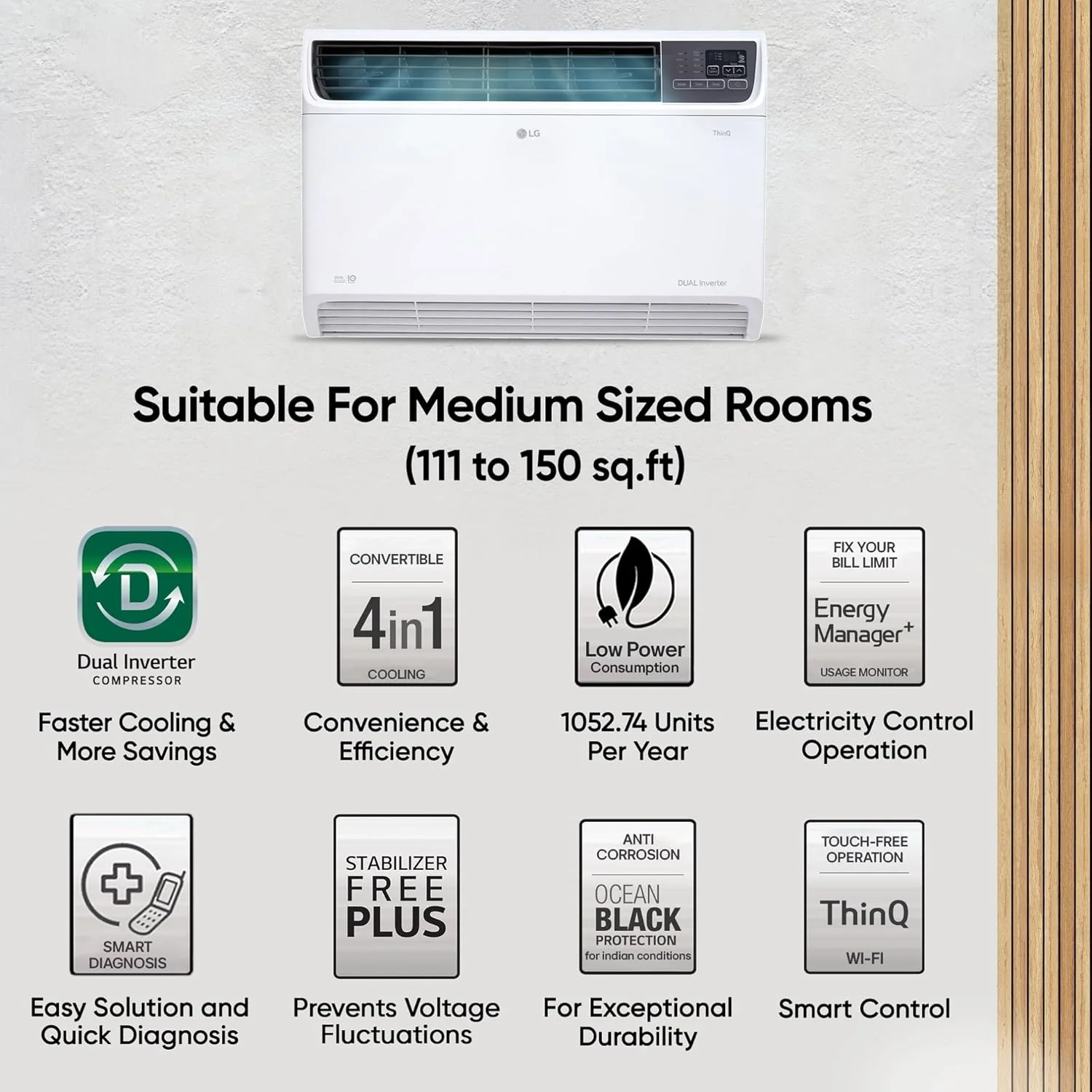 LG 1.5 Ton 5 Star Wi-Fi DUAL Inverter Window AC (Copper, Convertible 4-in-1 cooling, 4 Way Air Swing, HD Filter, UW-Q18WWZA, White) - Image 9