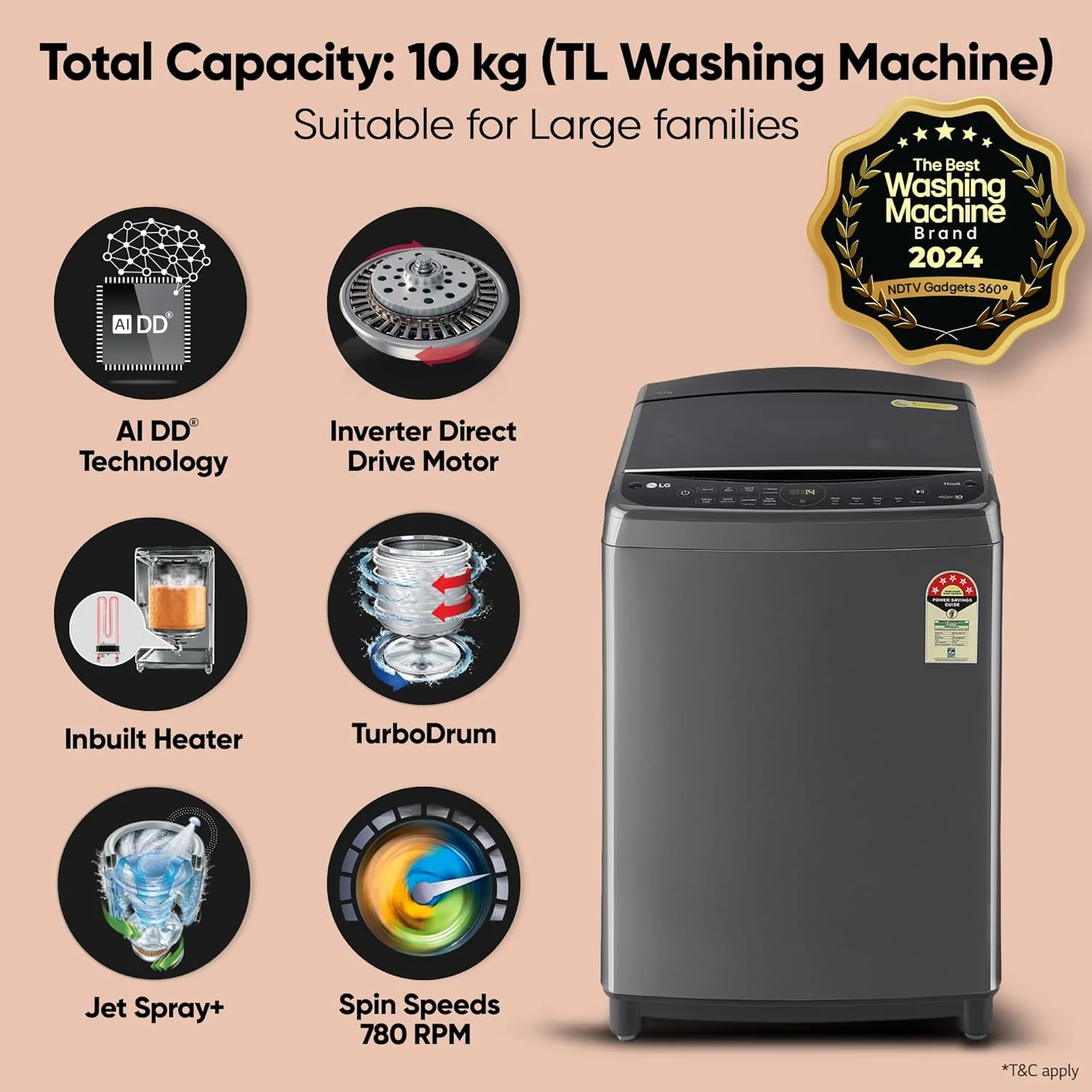 LG 10.0 Kg 5 Star AI Direct Drive Technology, ThinQ (Wi-Fi), Steam Wash for Allergy Removal Fully Automatic Top Loading Washing Machine (THD10SWM, Middle Black, More Fabric Care &amp; Convenience) - Image 3