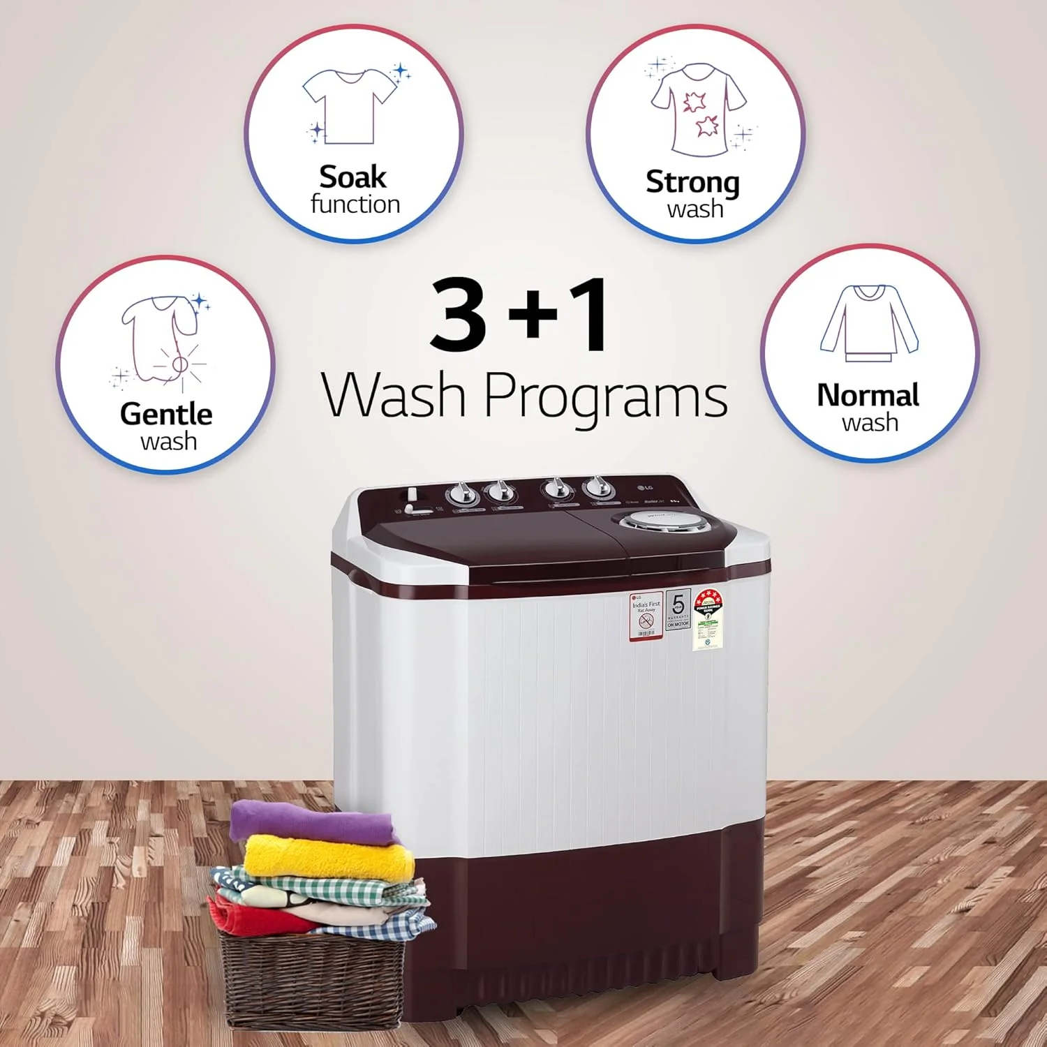 LG 10.5 kg 5 Star Wind jet dry Semi-Automatic Top Load Washing Machine (P105ASRAZ, Burgundy, Roller Jet Pulsator) - Image 7