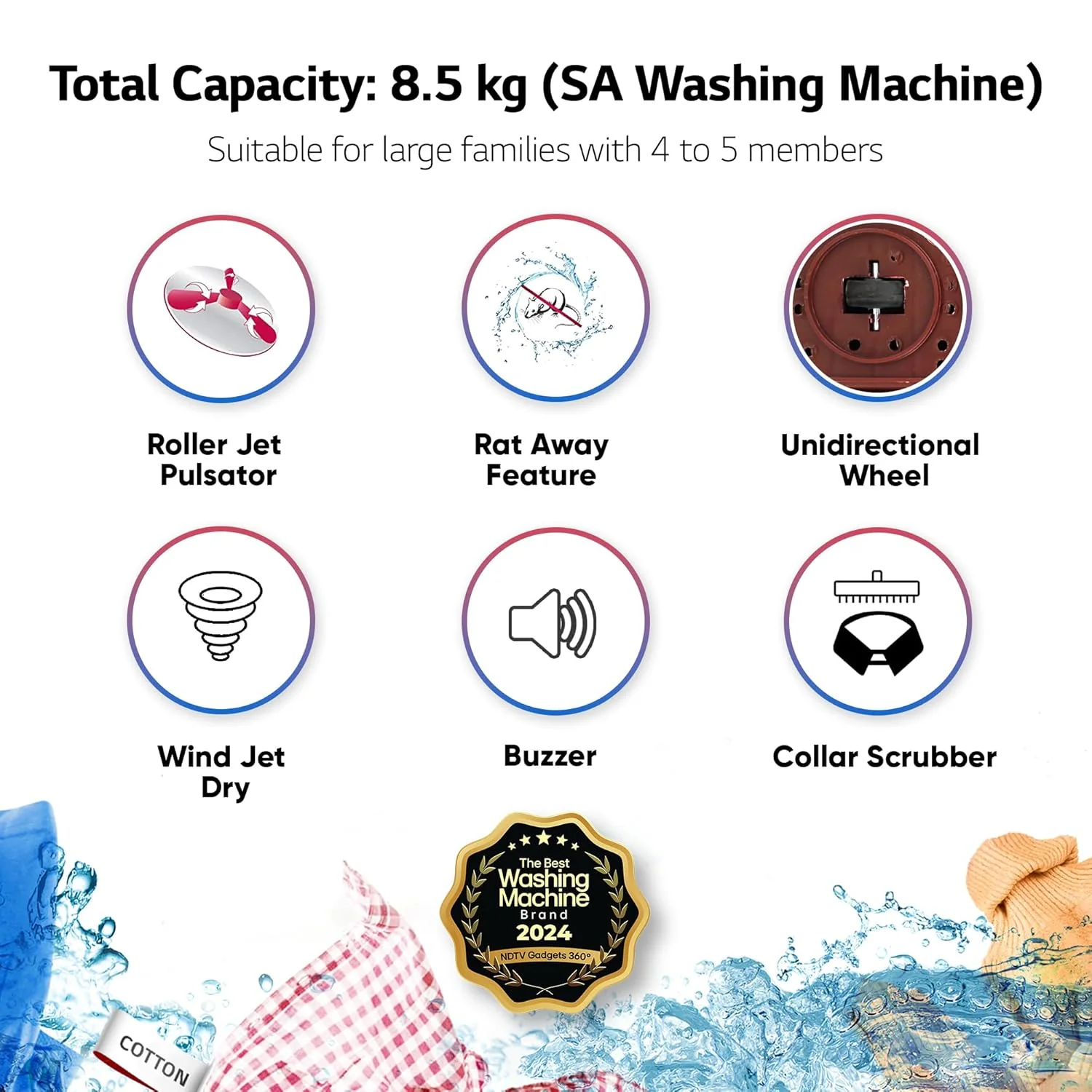 LG 10.5 kg 5 Star Wind jet dry Semi-Automatic Top Load Washing Machine (P105ASRAZ, Burgundy, Roller Jet Pulsator) - Image 8