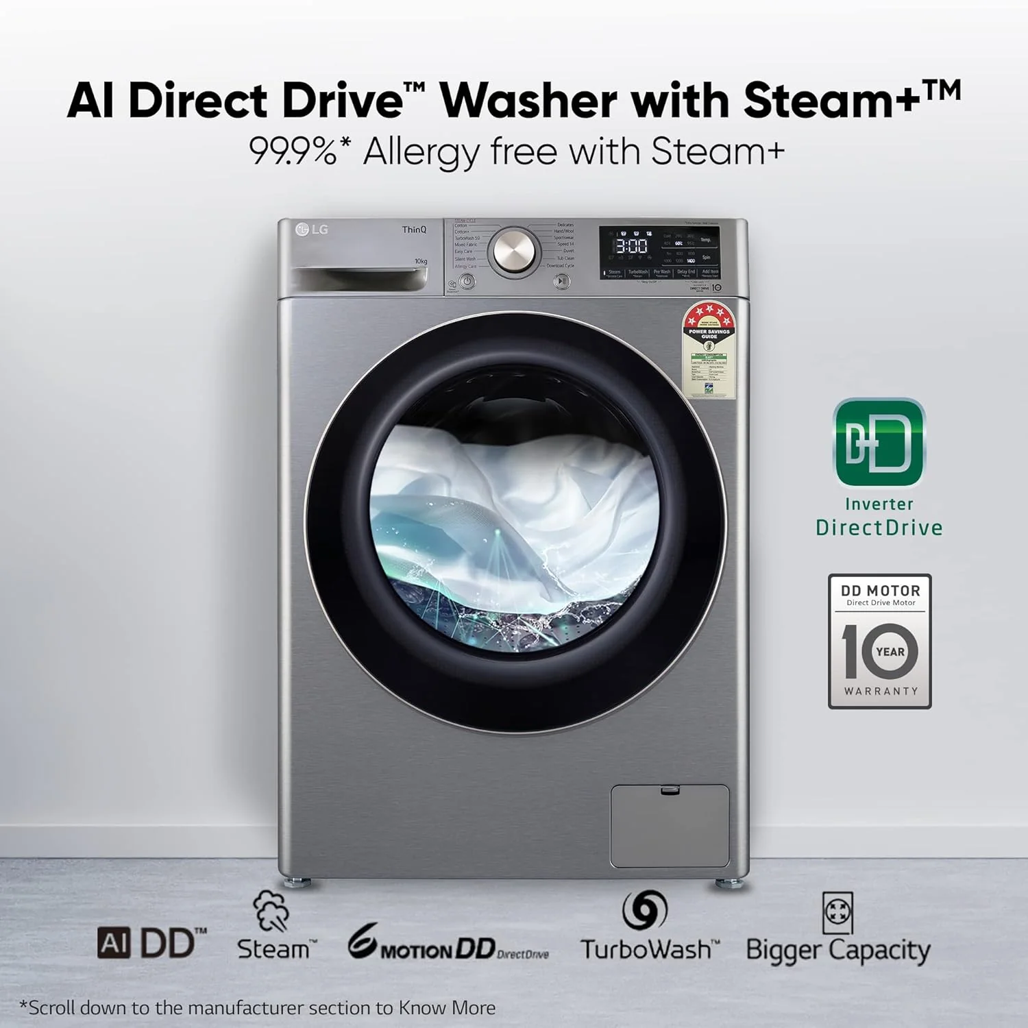 LG 10 Kg 5 Star Ai Direct Drive Wi-Fi Inverter Front Load Automatic Washing Machine (Fhp1410Z7P, Turbowash &amp; Steam For Hygiene Wash, Platinum) - Image 5
