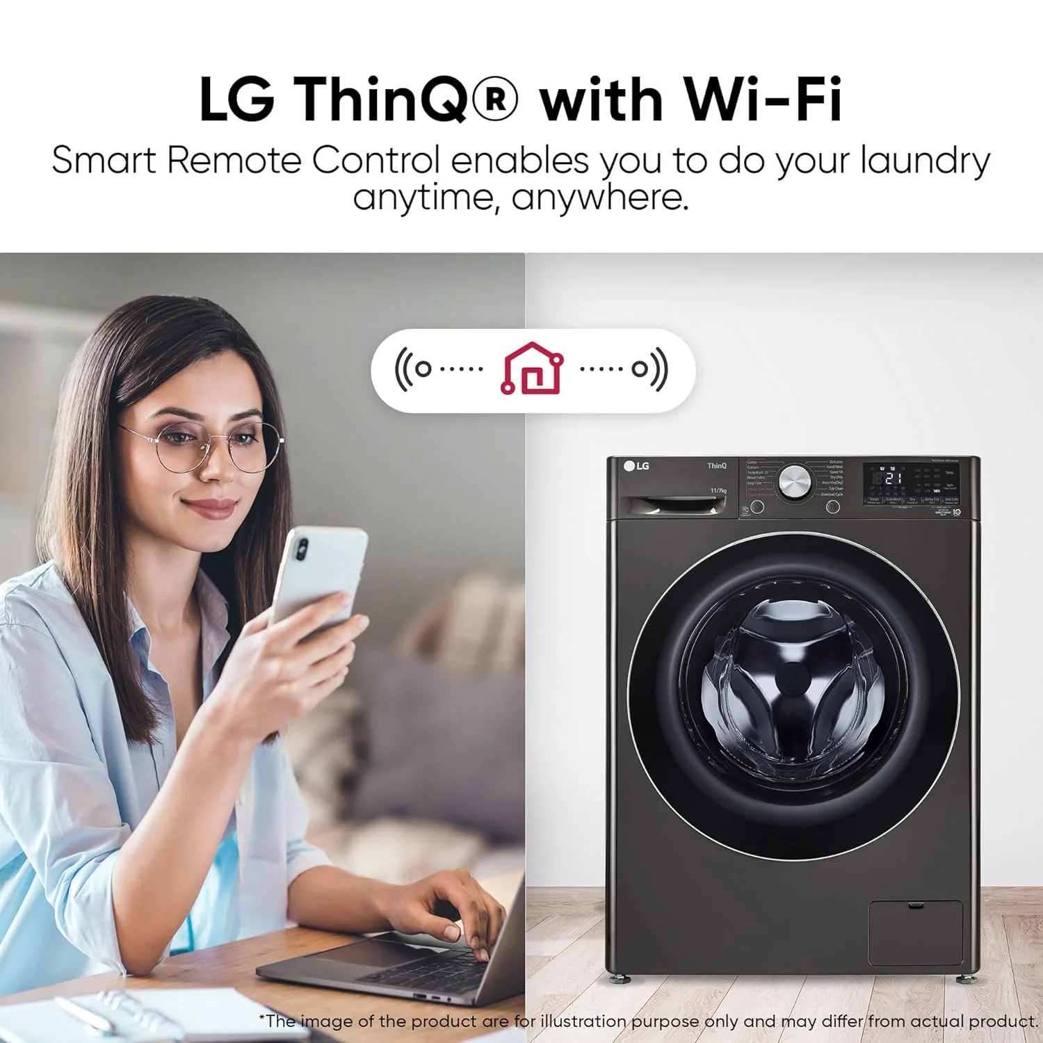 LG 11 Kg (Wash) / 7 Kg (Dry), AI Direct Drive Technology, Steam+ &amp; Wi-Fi Front Load Fully Automatic Washer Dryer (FHD1107STB, Intelligent &amp; Convenient Fabric Care, Wrinkle Care, Black Steel) - Image 2