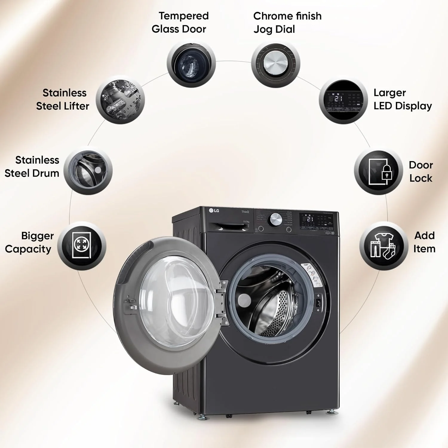 LG 11 Kg (Wash) / 7 Kg (Dry), AI Direct Drive Technology, Steam+ &amp; Wi-Fi Front Load Fully Automatic Washer Dryer (FHD1107STB, Intelligent &amp; Convenient Fabric Care, Wrinkle Care, Black Steel) - Image 5