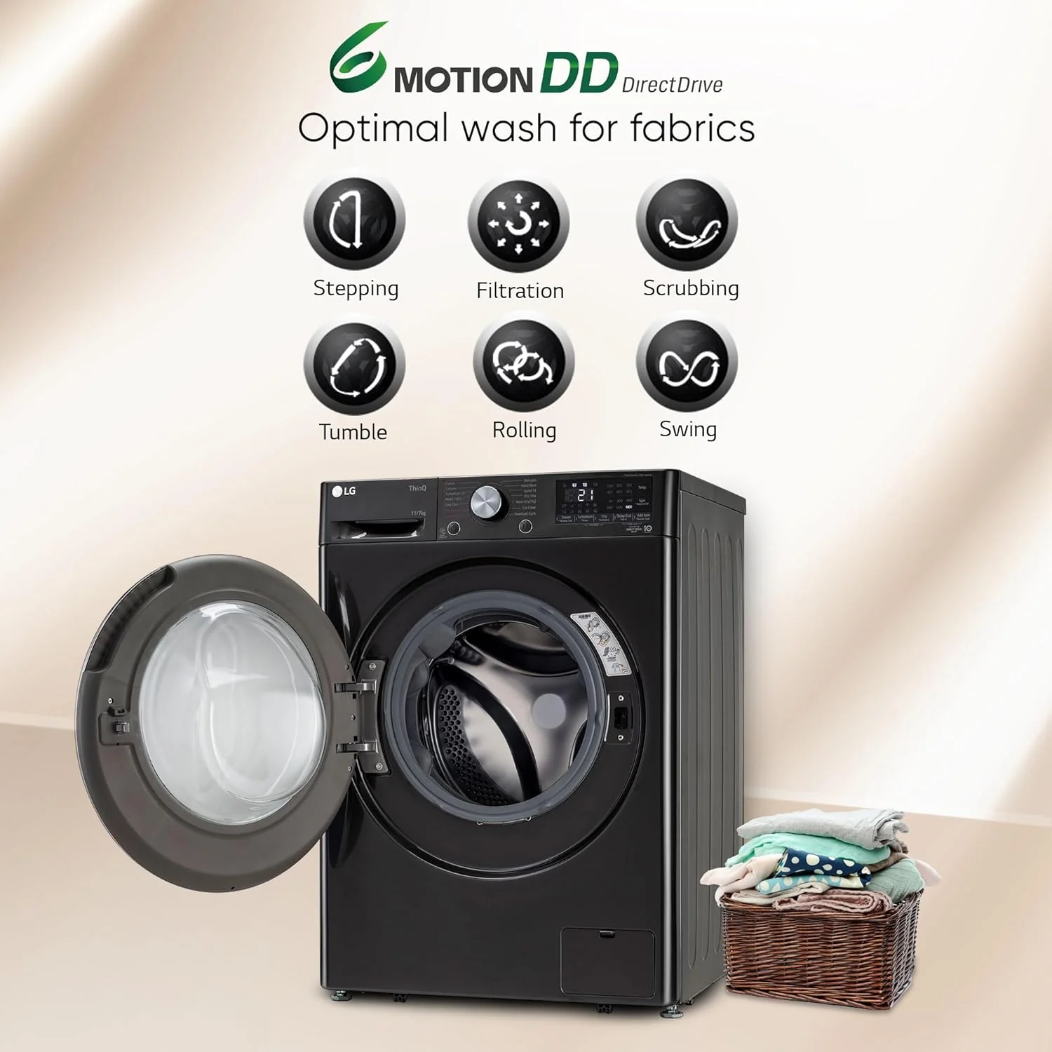 LG 11 Kg (Wash) / 7 Kg (Dry), AI Direct Drive Technology, Steam+ &amp; Wi-Fi Front Load Fully Automatic Washer Dryer (FHD1107STB, Intelligent &amp; Convenient Fabric Care, Wrinkle Care, Black Steel) - Image 6