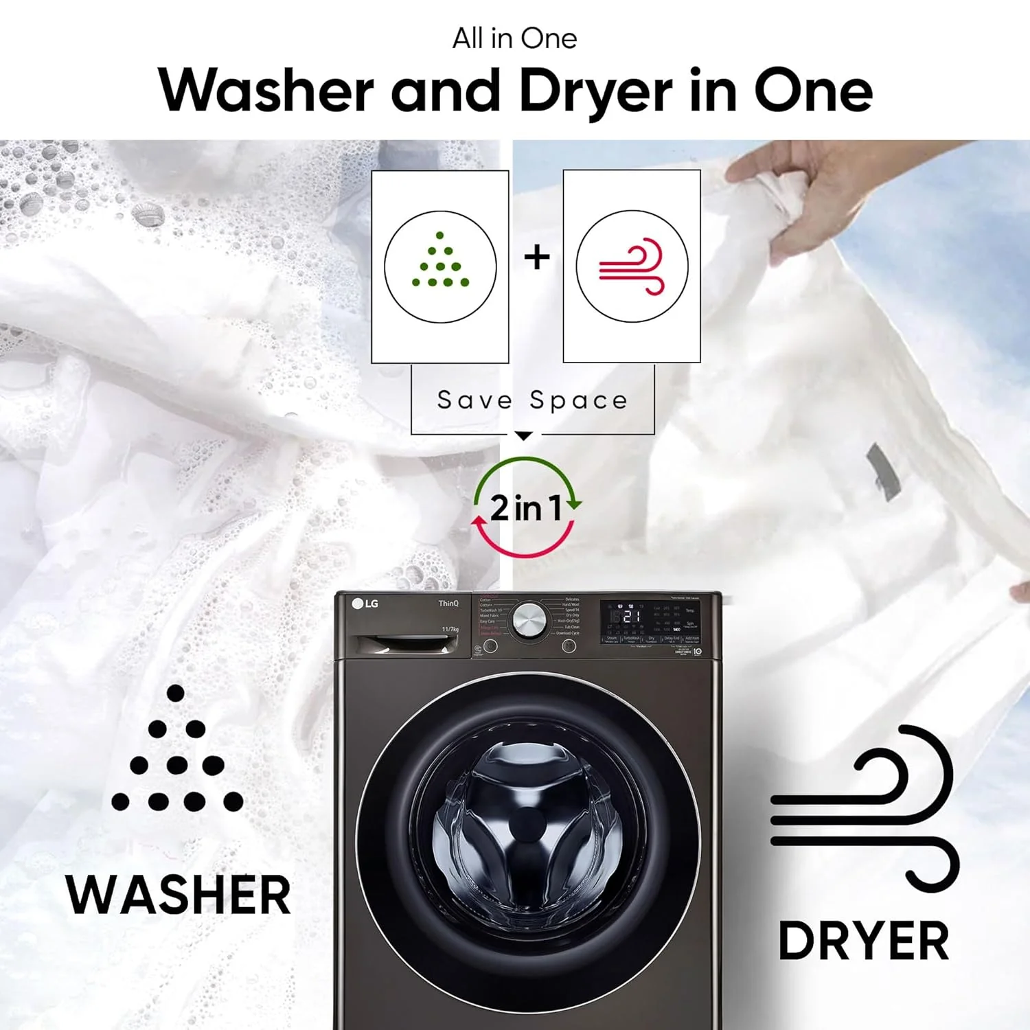 LG 11 Kg (Wash) / 7 Kg (Dry), AI Direct Drive Technology, Steam+ &amp; Wi-Fi Front Load Fully Automatic Washer Dryer (FHD1107STB, Intelligent &amp; Convenient Fabric Care, Wrinkle Care, Black Steel) - Image 7