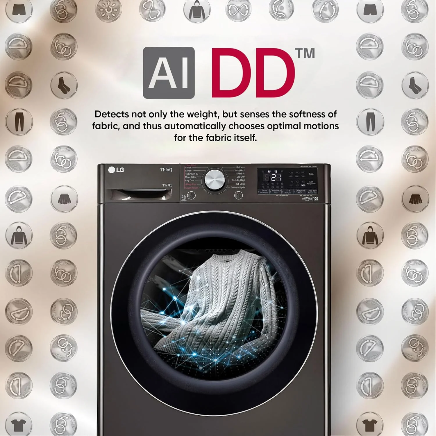 LG 11 Kg (Wash) / 7 Kg (Dry), AI Direct Drive Technology, Steam+ &amp; Wi-Fi Front Load Fully Automatic Washer Dryer (FHD1107STB, Intelligent &amp; Convenient Fabric Care, Wrinkle Care, Black Steel) - Image 8