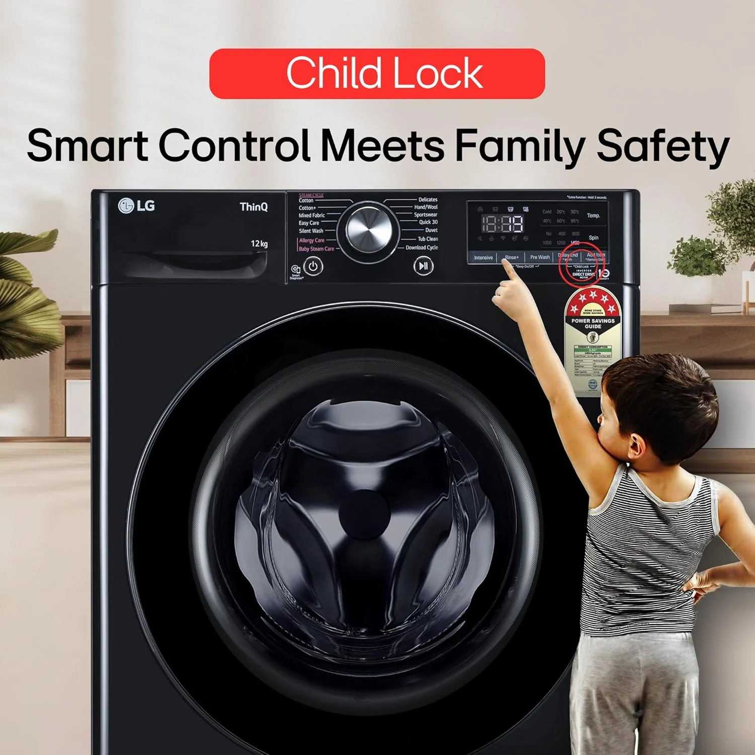 LG 12 Kg, 5 Star, AI Direct Drive Technology, Wi-Fi, Steam Fully Automatic Front-Loading Washing Machine (FHP1412Z5O, Intelligent & Convenient Fabric Care, Allergy Care, Remote Control, Onyx Black) - Image 2