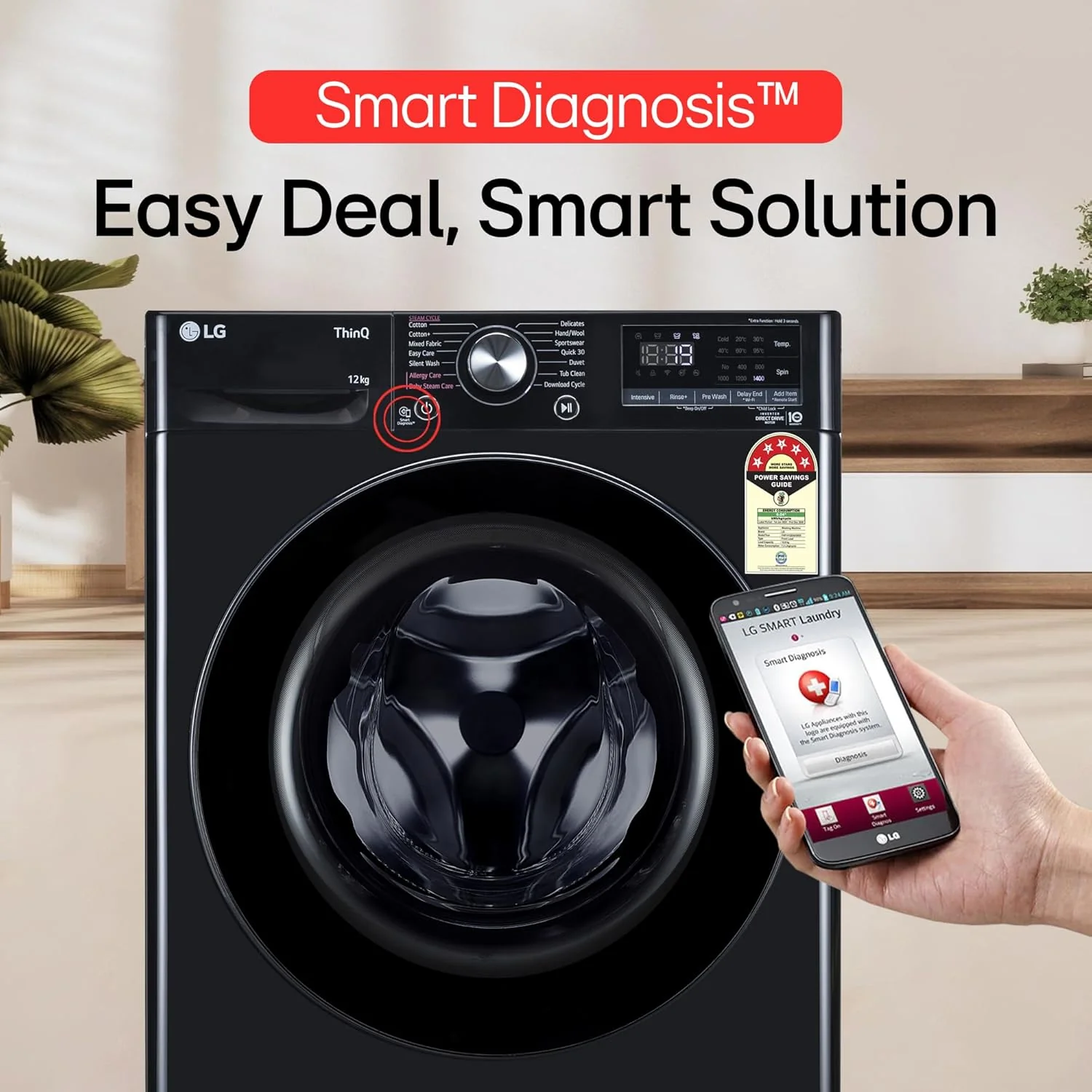LG 12 Kg, 5 Star, AI Direct Drive Technology, Wi-Fi, Steam Fully Automatic Front-Loading Washing Machine (FHP1412Z5O, Intelligent & Convenient Fabric Care, Allergy Care, Remote Control, Onyx Black) - Image 3