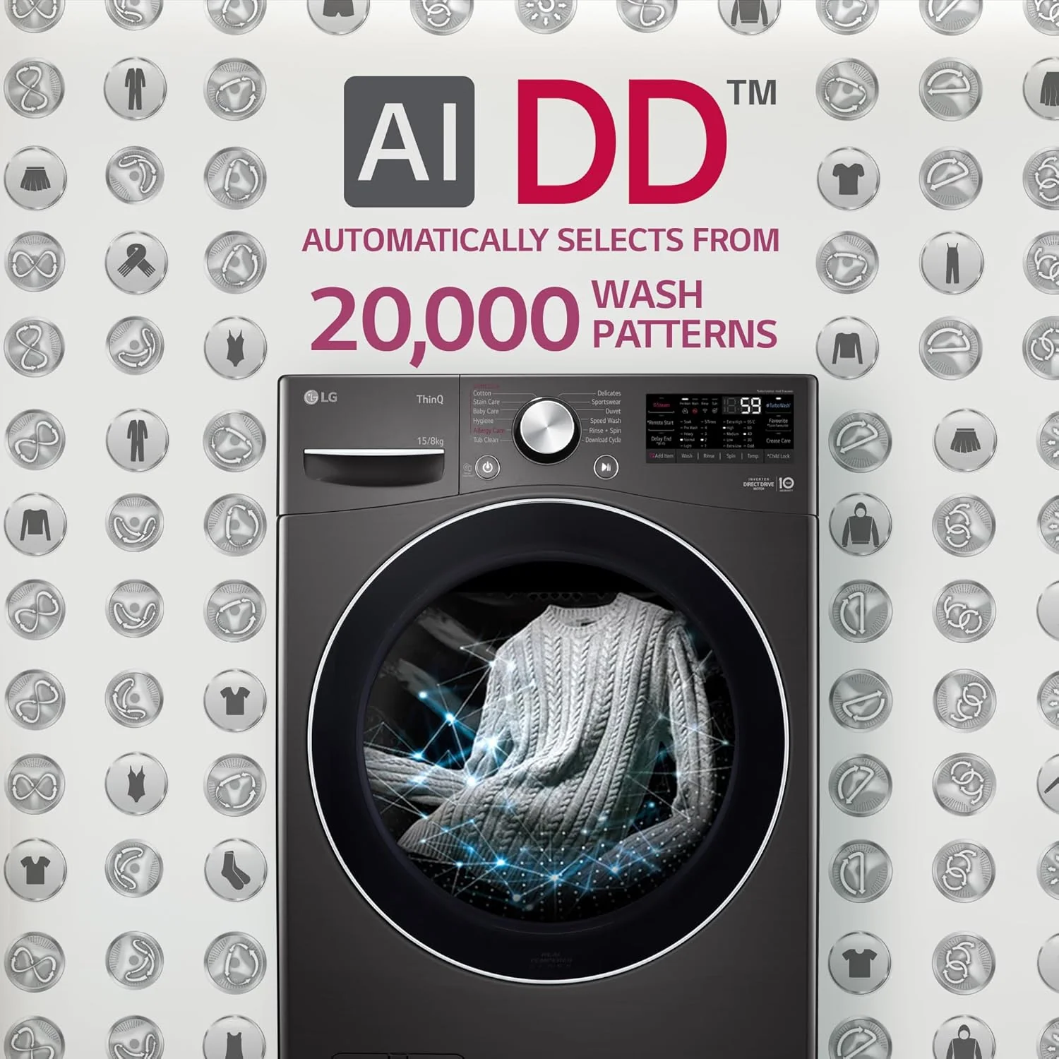 LG 15 Kg (Wash) / 8 Kg (Dry) Ai Direct Drive with Wi-Fi Fully Automatic Front-Loading Washer Dryer (FHD1508STB, With Steam Remove Allergen & TurboWash, Black VCM) - Image 9