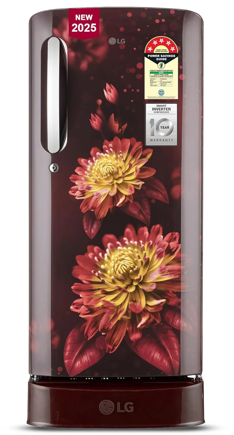 LG 185 L, 5 Star, Direct-Cool, Smart Inverter Compressor, Single Door Refrigerator with Fast Ice Making (GL-D201ASFU, Scarlet Florance, Runs on Home Inverter, Moist 'N' Fresh & Base stand with drawer)