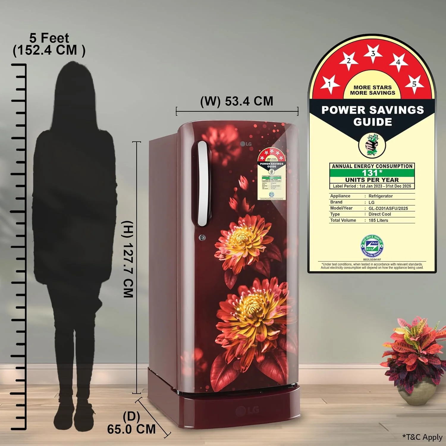 LG 185 L, 5 Star, Direct-Cool, Smart Inverter Compressor, Single Door Refrigerator with Fast Ice Making (GL-D201ASFU, Scarlet Florance, Runs on Home Inverter, Moist 'N' Fresh & Base stand with drawer) - Image 11