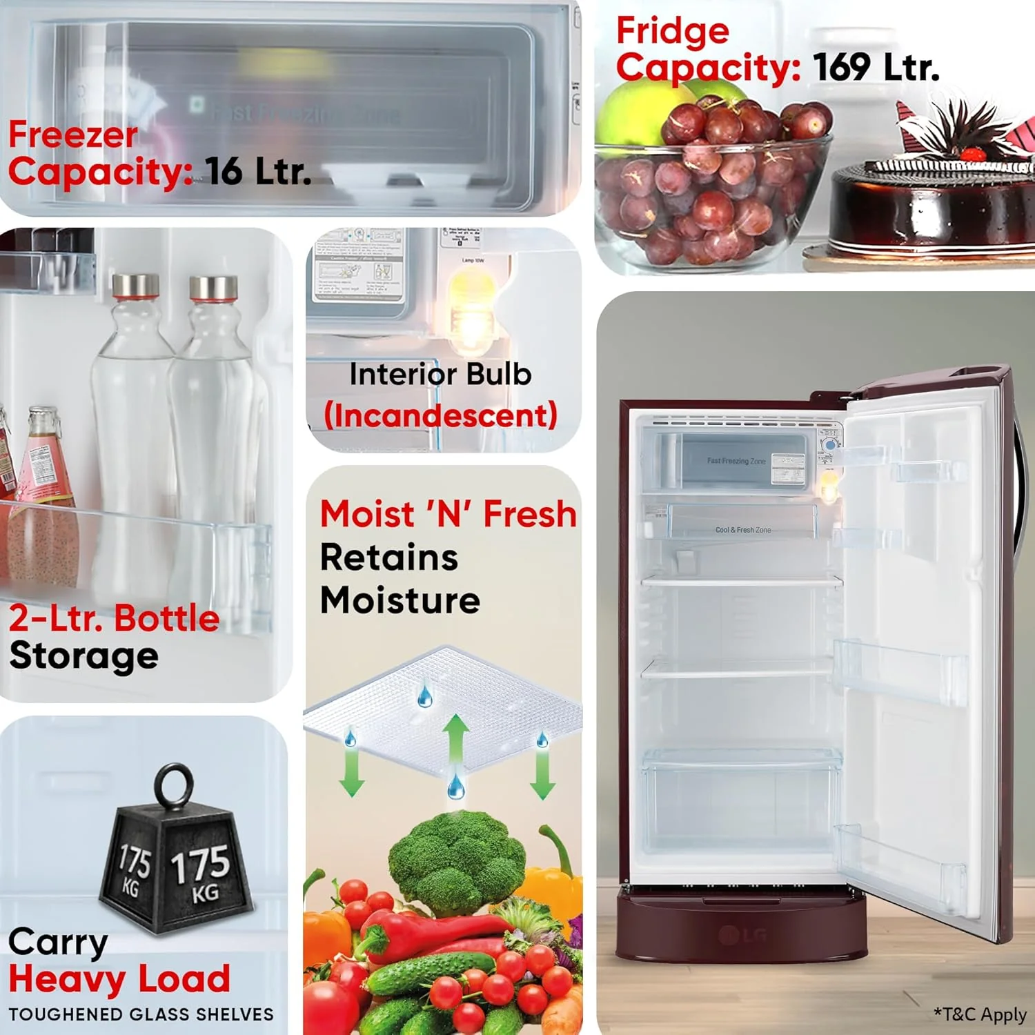 LG 185 L, 5 Star, Direct-Cool, Smart Inverter Compressor, Single Door Refrigerator with Fast Ice Making (GL-D201ASFU, Scarlet Florance, Runs on Home Inverter, Moist 'N' Fresh & Base stand with drawer) - Image 8