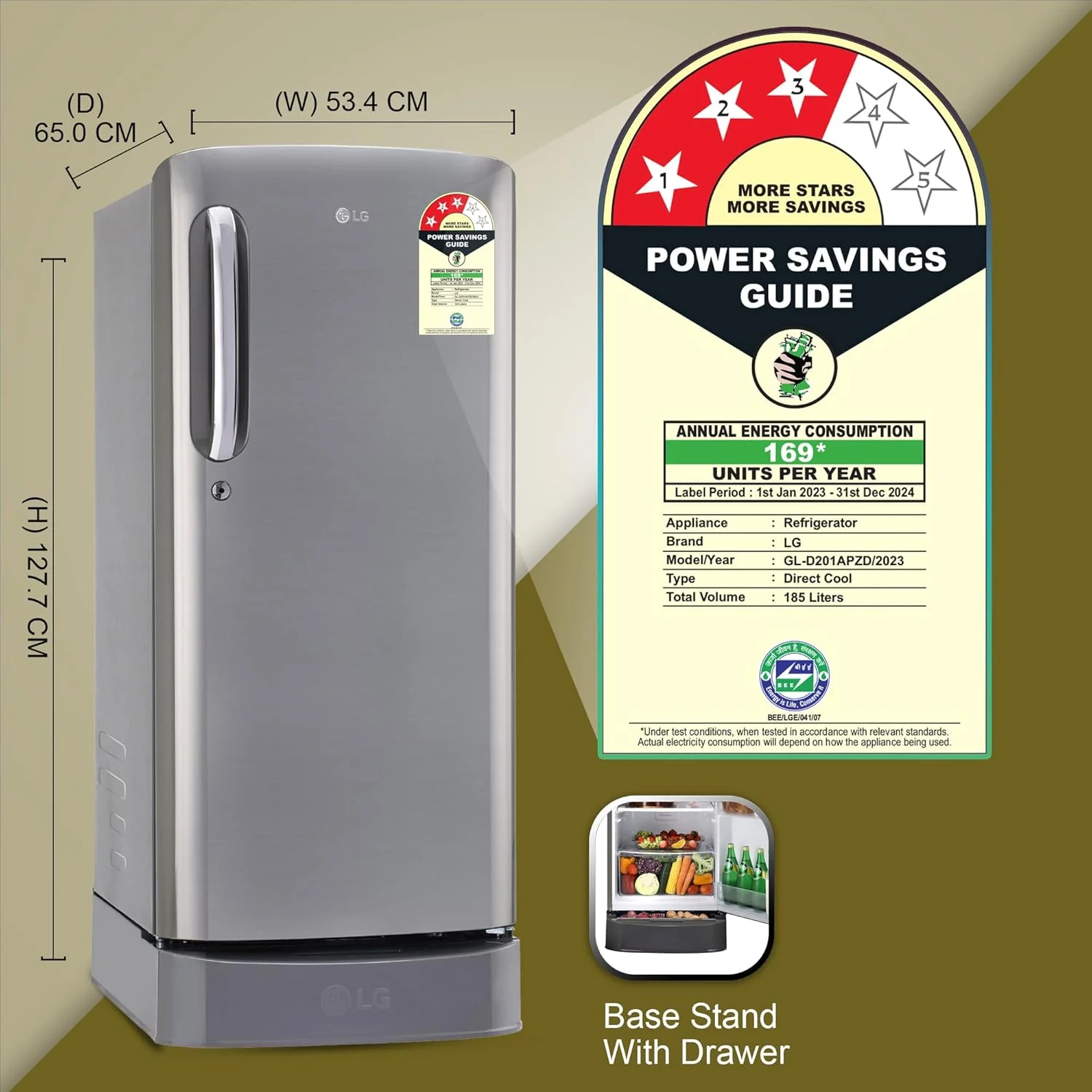 LG 190L 3 Star Direct-Cool Single Door Refrigerator (GL-D201APZD, Shiny Steel, Base stand with Drawer) - Image 10