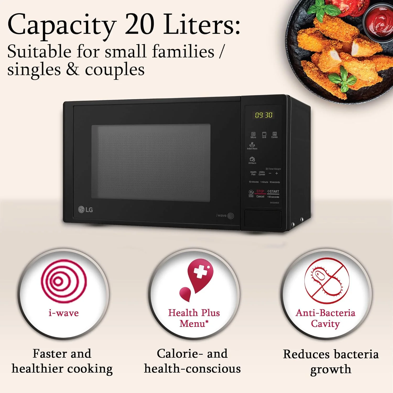 LG 20 L Grill Microwave Oven (MH2044DB, Black, Quartz Heater, I-Wave Technology, Indian Cuisine, Auto Cook Menu, Steam Clean, Anti-Bacterial Cavity & Health plus Menu) - Image 6