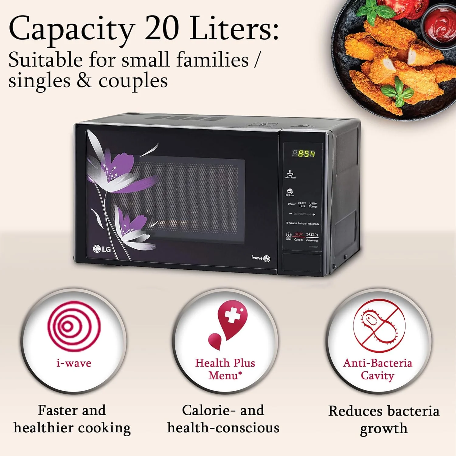 LG 20 L Solo Microwave Oven (MS2043BP, Black, Health plus Menu, I-Wave Technology, Indian Cuisine, Even Reheat &amp; Defrost, Auto Cook Menu, Anti-Bacterial Cavity &amp; Steam Clean) - Image 14