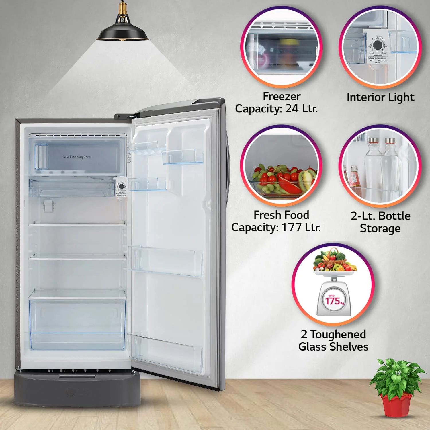LG 201 L 5 Star Inverter Direct-Cool Single Door Refrigerator Appliance (GL-D211HPZZ, Shiny Steel, Base stand with drawer &amp; Smart connect, Gross Volume- 204 L) - Image 2