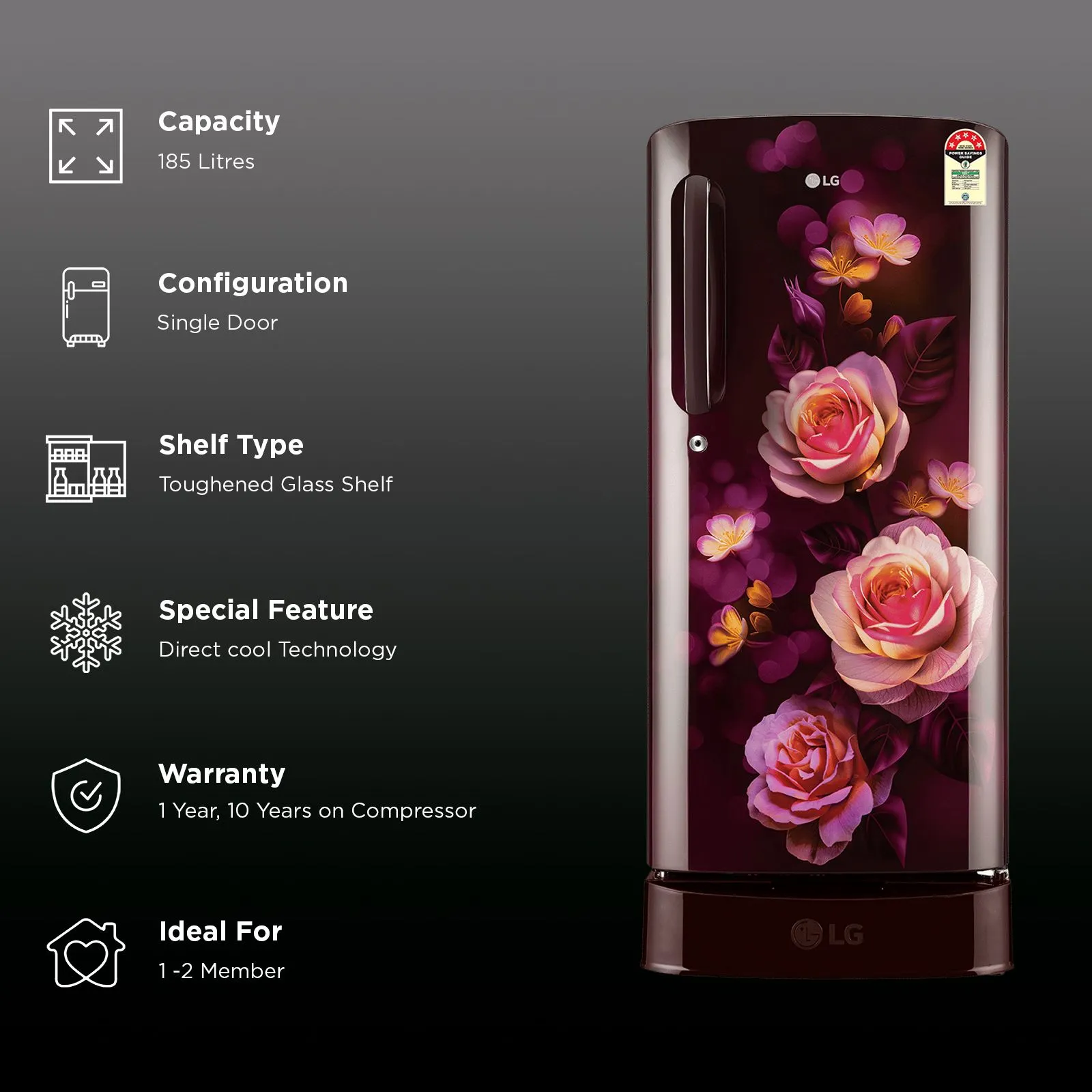 LG 201 Series 185 Litres 5 Star Direct Cool Single Door Refrigerator with Auto Smart Connect (GL-D201ASBU, Scarlet Bloom) - Image 6