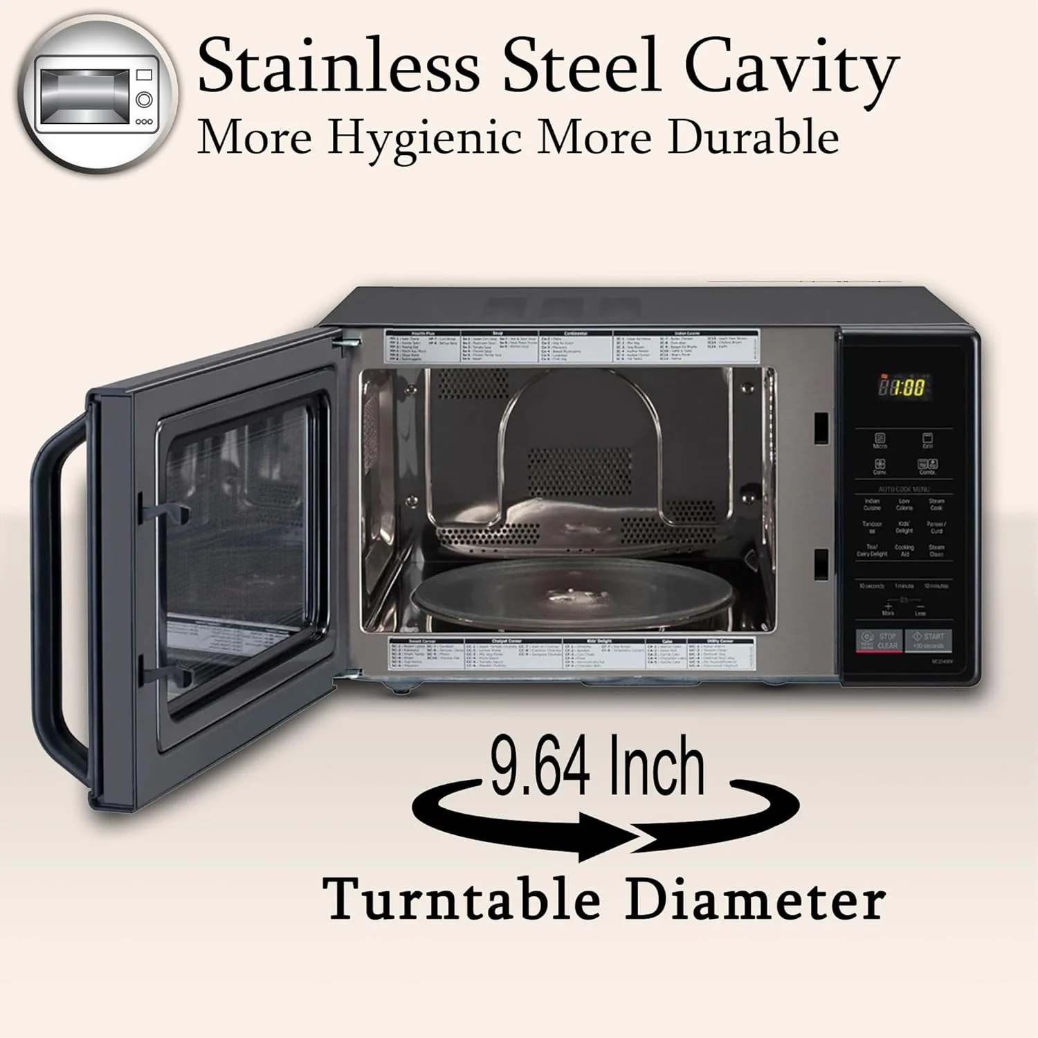 LG 21 L Convection Microwave Oven (MC2146BV, Black, Auto Cook Menu, Defrost, Stainless Steel Cavity, Heathplus menu, Indian Cuisine, Tandoor Se, Paneer/Curd, Steam Clean &amp; Quartz Heater) - Image 5