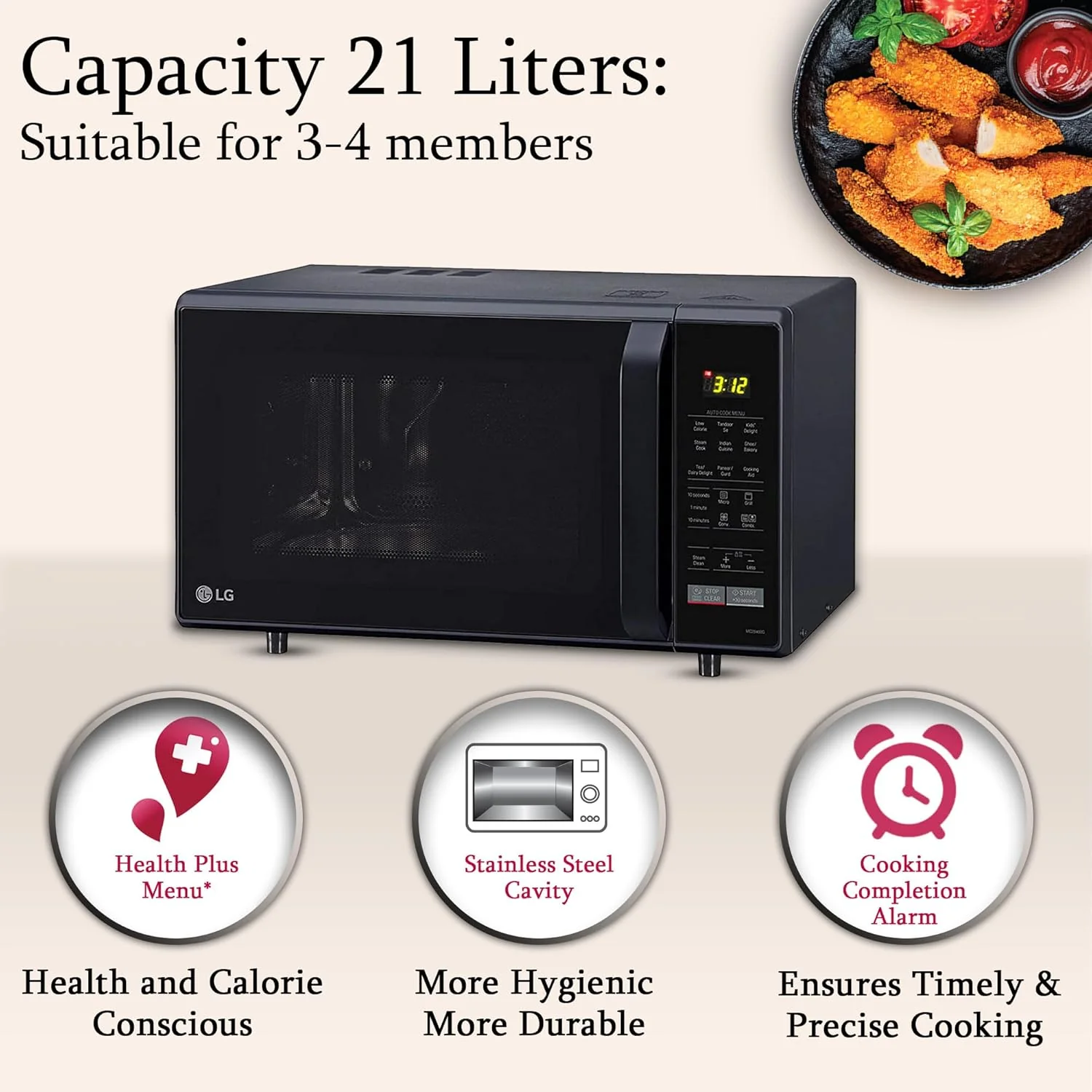 LG 21 L Convection Microwave Oven (MC2146BV, Black, Auto Cook Menu, Defrost, Stainless Steel Cavity, Heathplus menu, Indian Cuisine, Tandoor Se, Paneer/Curd, Steam Clean &amp; Quartz Heater) - Image 9