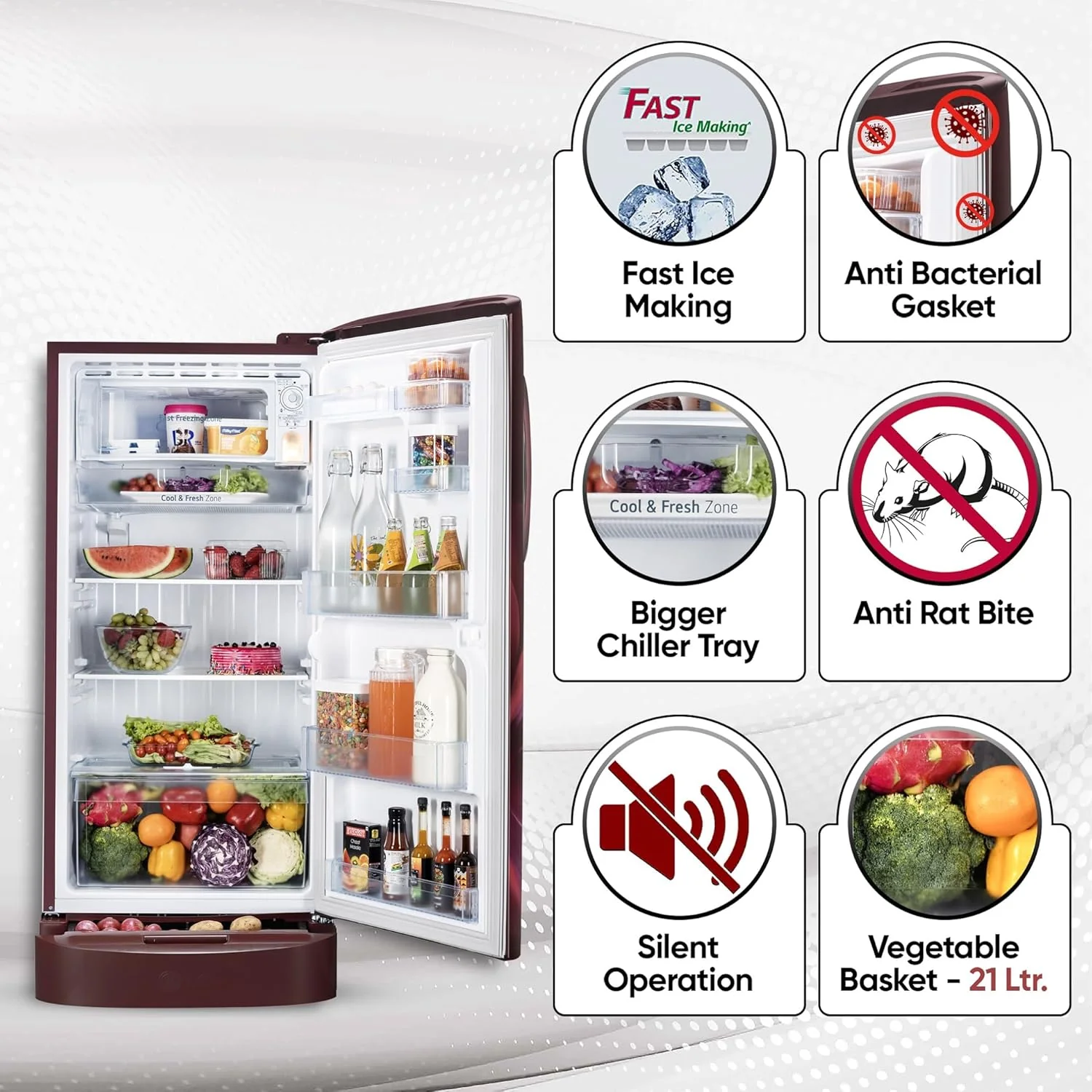 LG 210 L, 3 Star, Direct Cool, Smart Inverter Compressor, Single Door Refrigerator (2025 Model, GL-D231ASAD, Scarlet Aurora, Moist 'N' Fresh, Base stand with Drawer &amp; Fast Ice Making) - Image 9