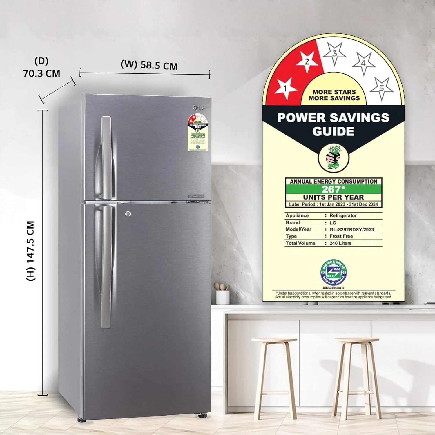 LG 240 L 2 Star Smart Inverter Frost-Free Double Door Refrigerator Appliance (GL-S292RDSY, Dazzle Steel, Convertible, Gross Volume - 260 L) - Image 15