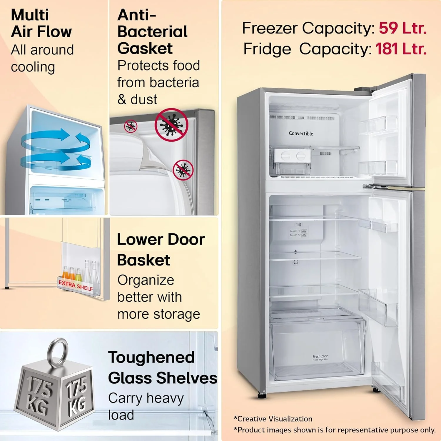 LG 240 L 3 Star Frost-Free Smart Inverter Double Door Refrigerator (GL-S292SDSX, Dazzle Steel, Convertible &amp; Multi Air Flow Cooling) - Image 14