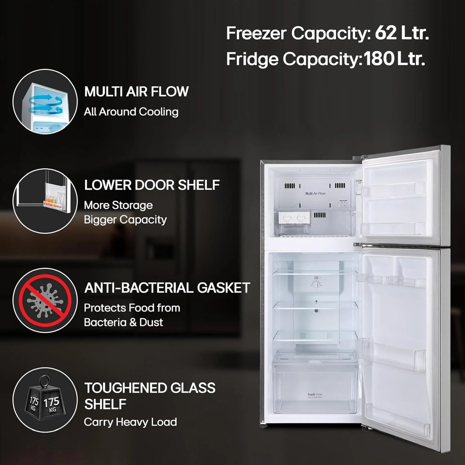 LG 242 L, 2 Star, Smart Inverter Compressor, Multi Air Flow, Frost-Free Double Door Refrigerator (GL-N292DPZY, Shiny Steel, Smart Connect &amp; Moist ‘N’ Fresh) - Image 14
