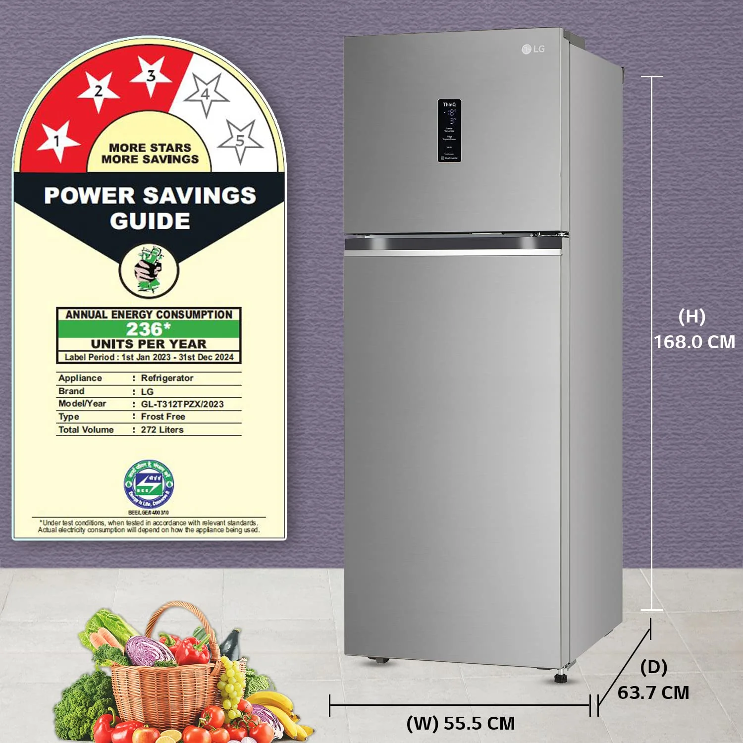 LG 272 L 3 Star Frost-Free Smart Inverter Wi-Fi Double Door Refrigerator Appliance (GL-T312TPZX, Shiny Steel, Convertible &amp; Door Cooling+, Gross Volume – 289 Ltr.) - Image 17