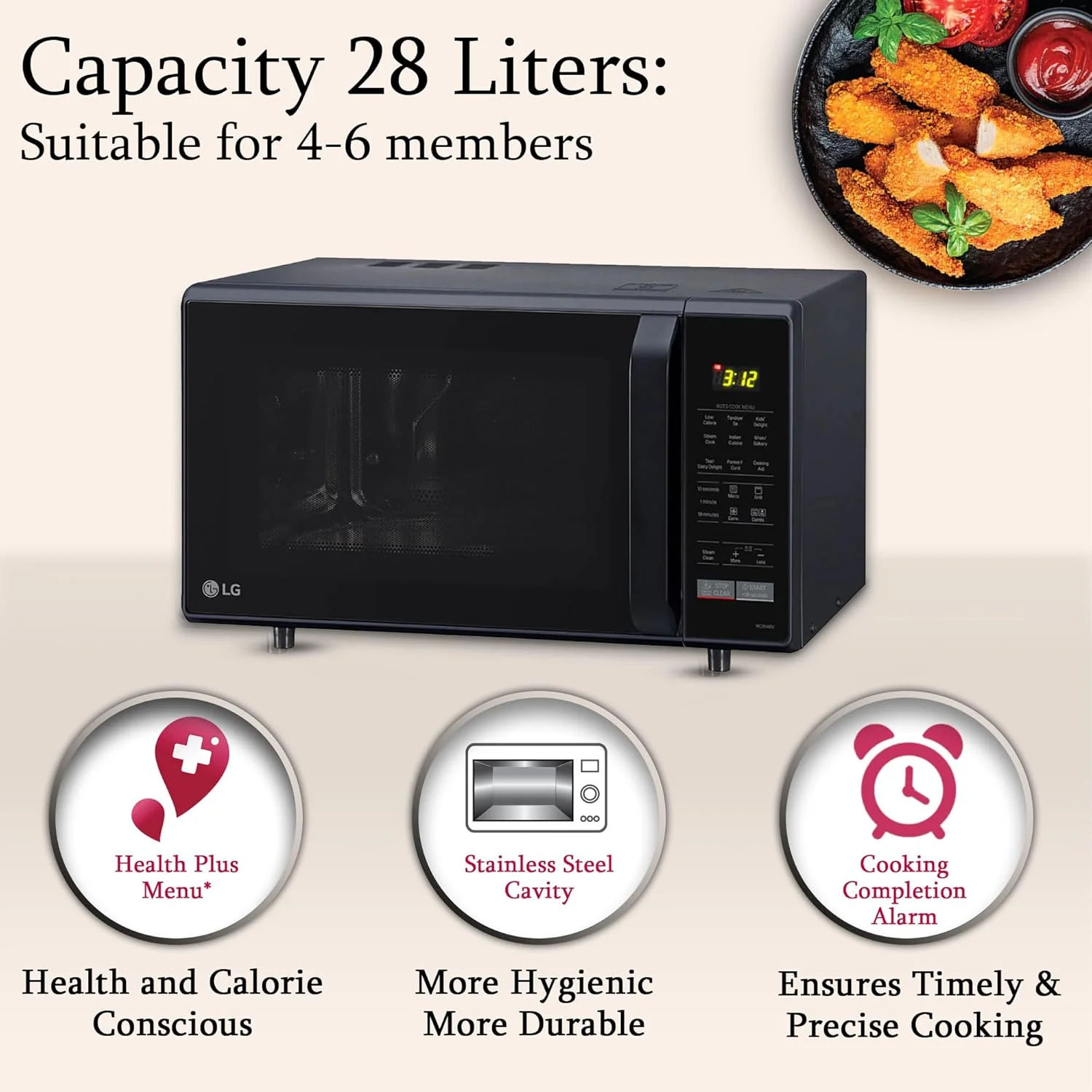 LG 28 L Convection Microwave Oven (MC2846BV, Black, Health Plus Menu, Indian Cuisine, Tandoor Se, Steam Clean &amp; Stainless Steel Cavity) - Image 5