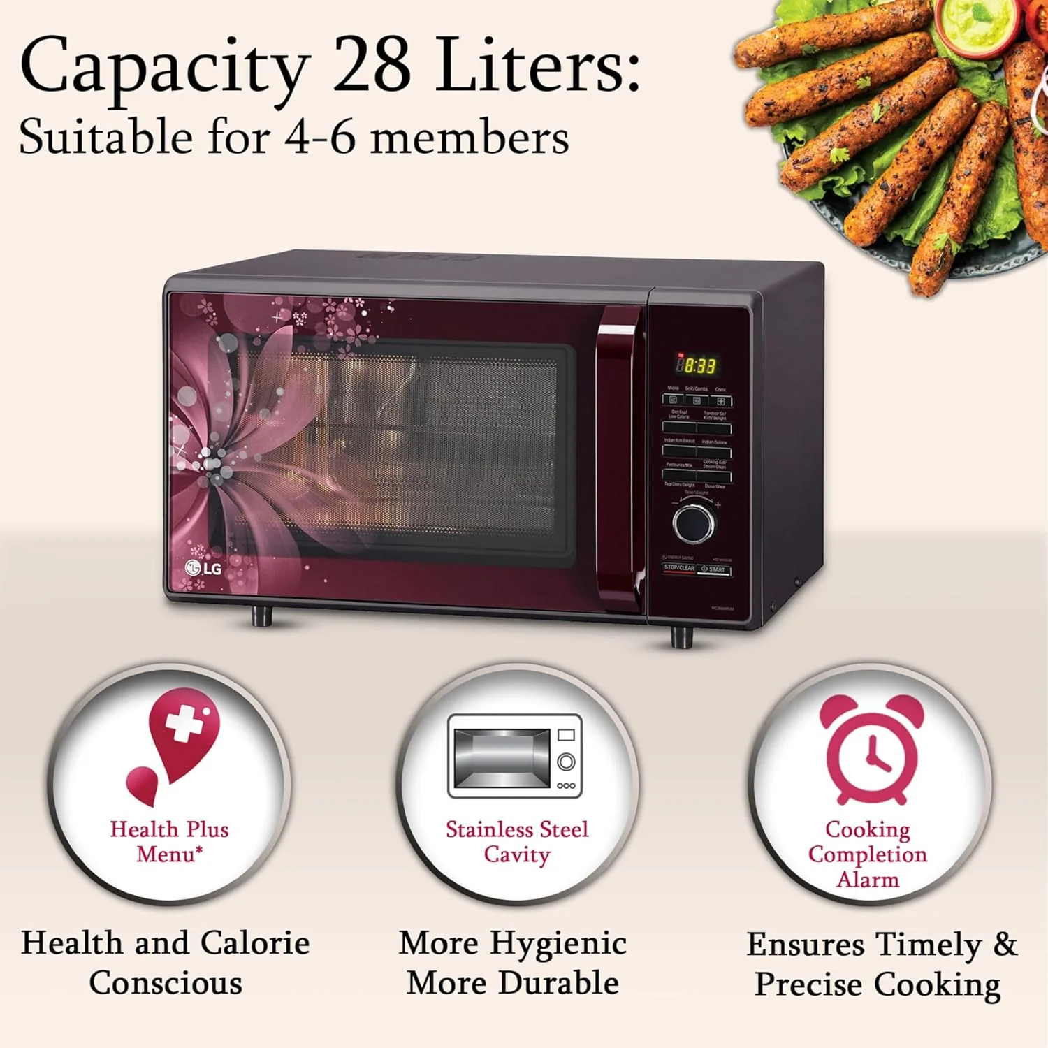 LG 28 L Convection Microwave Oven (MC2886BRUM, Black, 360° Motorised Rotisserie for Bar-be-queing, Diet Fry, Ghee in 12Mins, 251 Auto Cook Menu, Stainless steel cavity &amp; Health Plus Menu) - Image 6