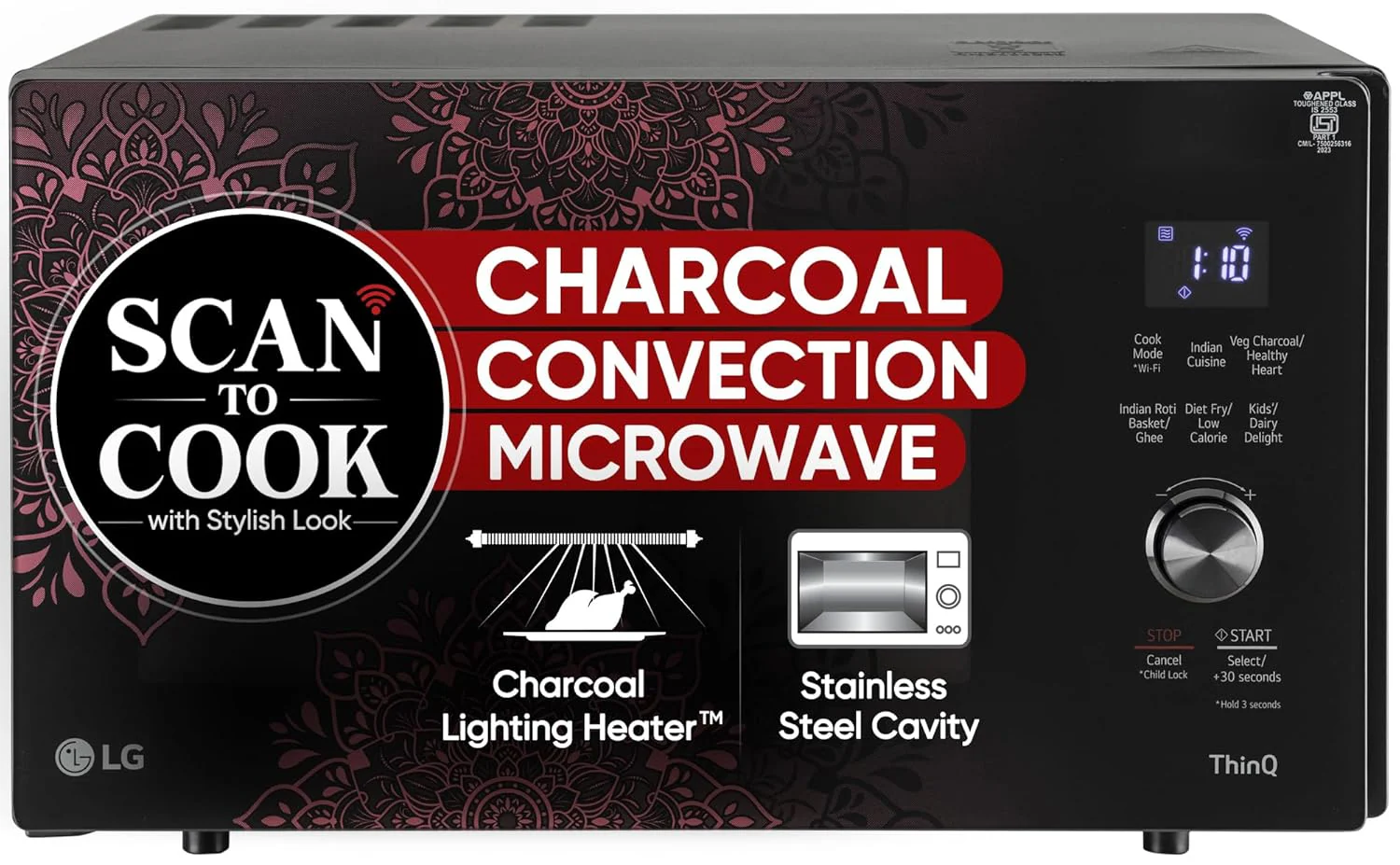 LG 28 L Scan to Cook Wi-Fi Enabled Charcoal Convection Microwave Oven (MJEN286VIW, Black, Stainless steel cavity, Heart Friendly Recipes, Ghee, Diet Fry &amp; 360° Motorised Rotisserie for Bar-be-queing)