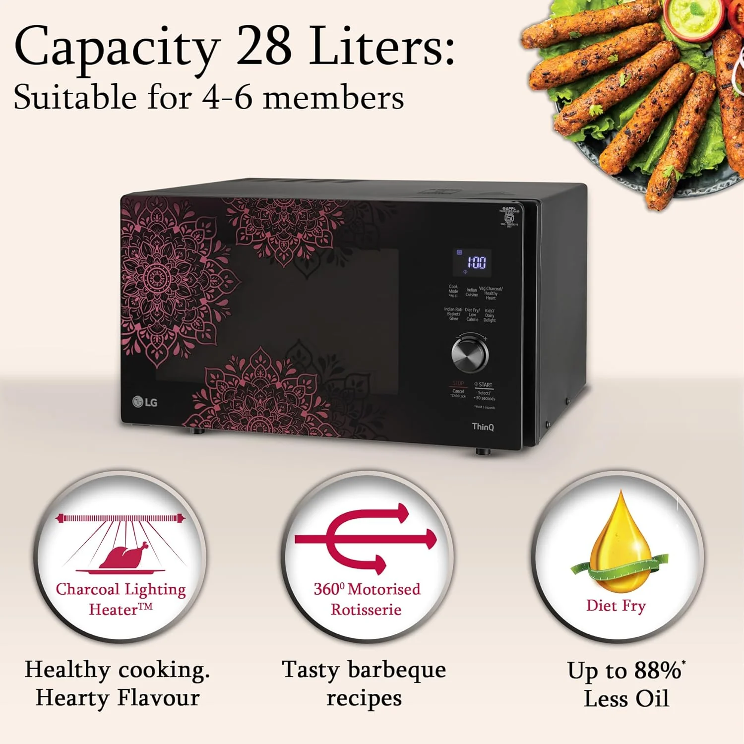LG 28 L Scan to Cook Wi-Fi Enabled Charcoal Convection Microwave Oven (MJEN286VIW, Black, Stainless steel cavity, Heart Friendly Recipes, Ghee, Diet Fry &amp; 360° Motorised Rotisserie for Bar-be-queing) - Image 4