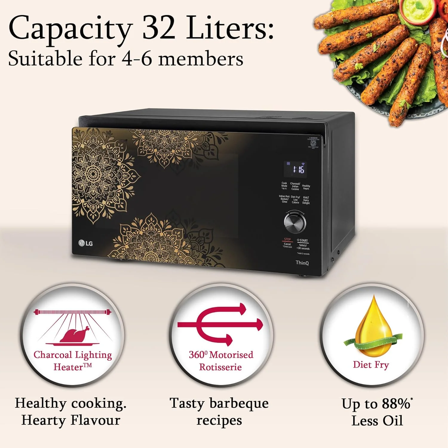 LG 32 L Scan to Cook Wi-Fi Enabled Charcoal Convection Healthy Microwave Oven (MJEN326UIW, Black - Regal Pattern, Heart Friendly Recipes, Pasteurized Milk, Ghee, Diet Fry &amp; 360° Motorised Rotisserie) - Image 4