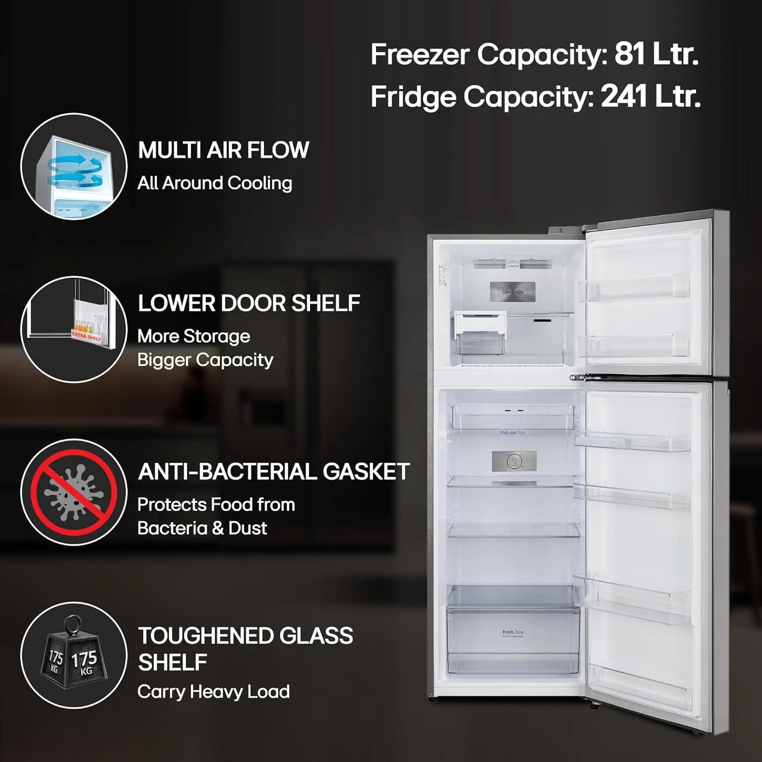 LG 322 L 2 Star Frost-Free Smart Inverter Double Door Refrigerator (GL-S342SPZY, Shiny Steel, Convertible & Multi Air Flow) - Image 11