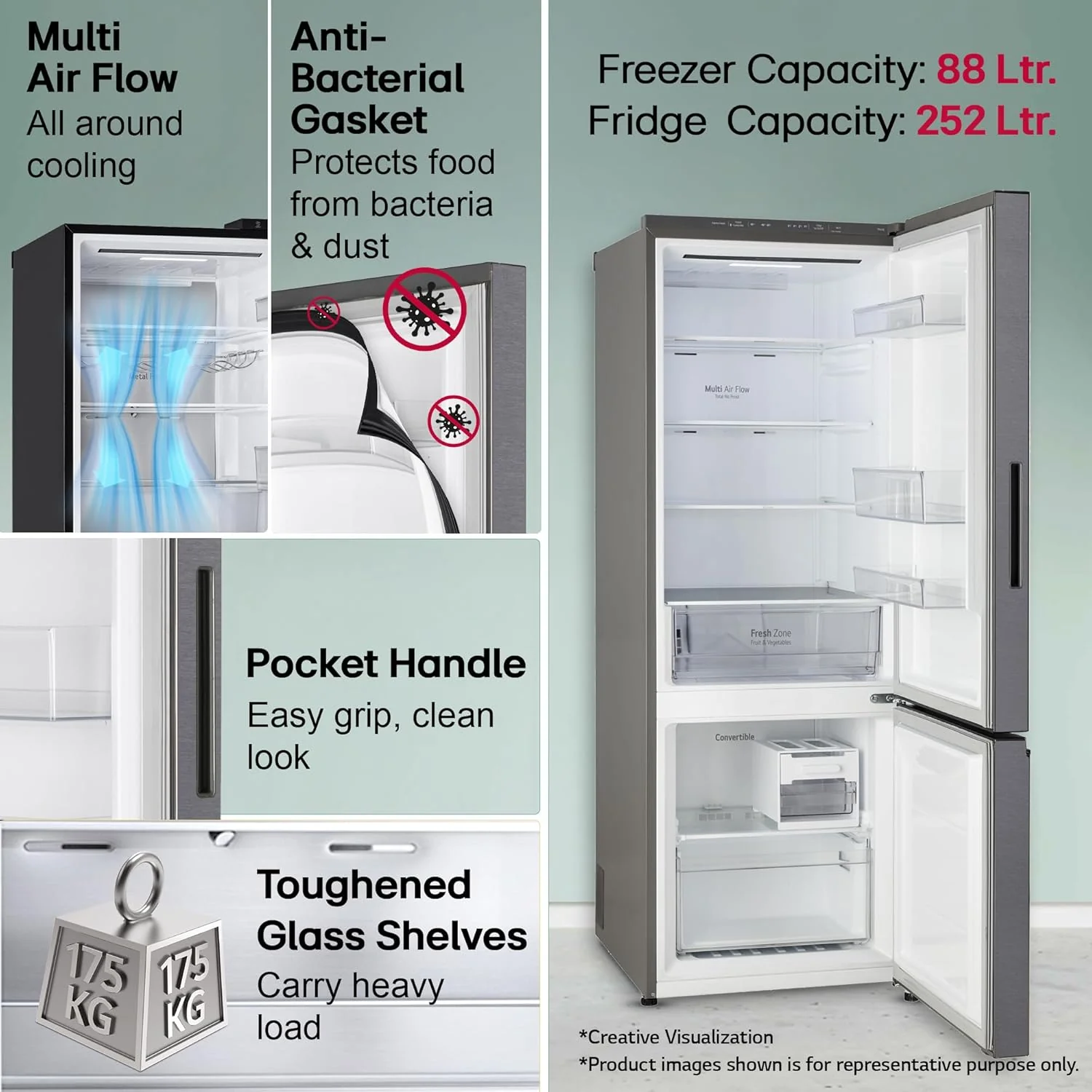 LG 340 L, 2 Star, Frost Free, Double Door, Smart Inverter Compressor, Bottom Freezer Refrigerator with DoorCooling+, AI ThinQ, Wi-Fi Convertible (GL-B382CDSY,Dazzle Steel, Express Freeze) - Image 7