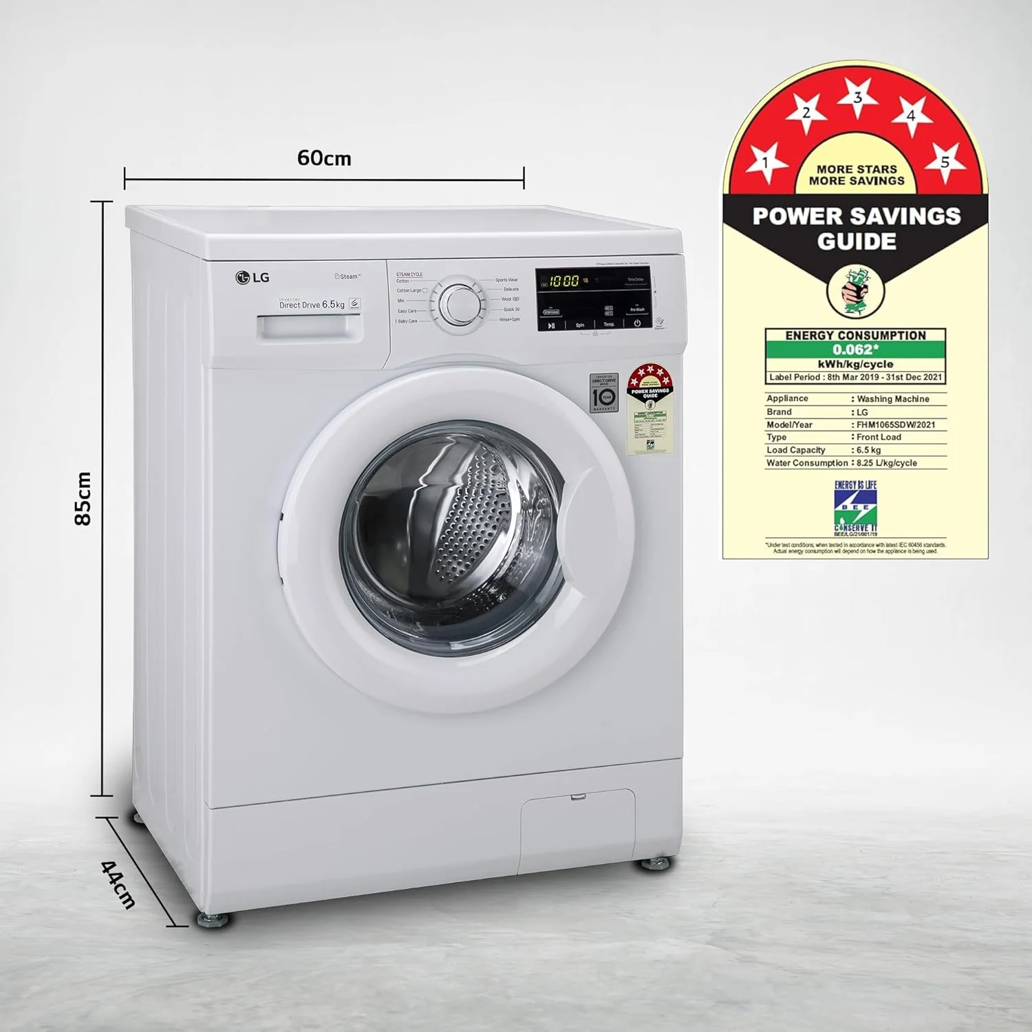 LG 6.5 Kg, 5 Star, Direct Drive Technology, Steam Wash, 6 motion DD, Smart Diagnosis, Fully Automatic Front Load Washing Machine (FHM1065SDW, Allergy Care, In-Built Heater, Touch Panel, White) - Image 2